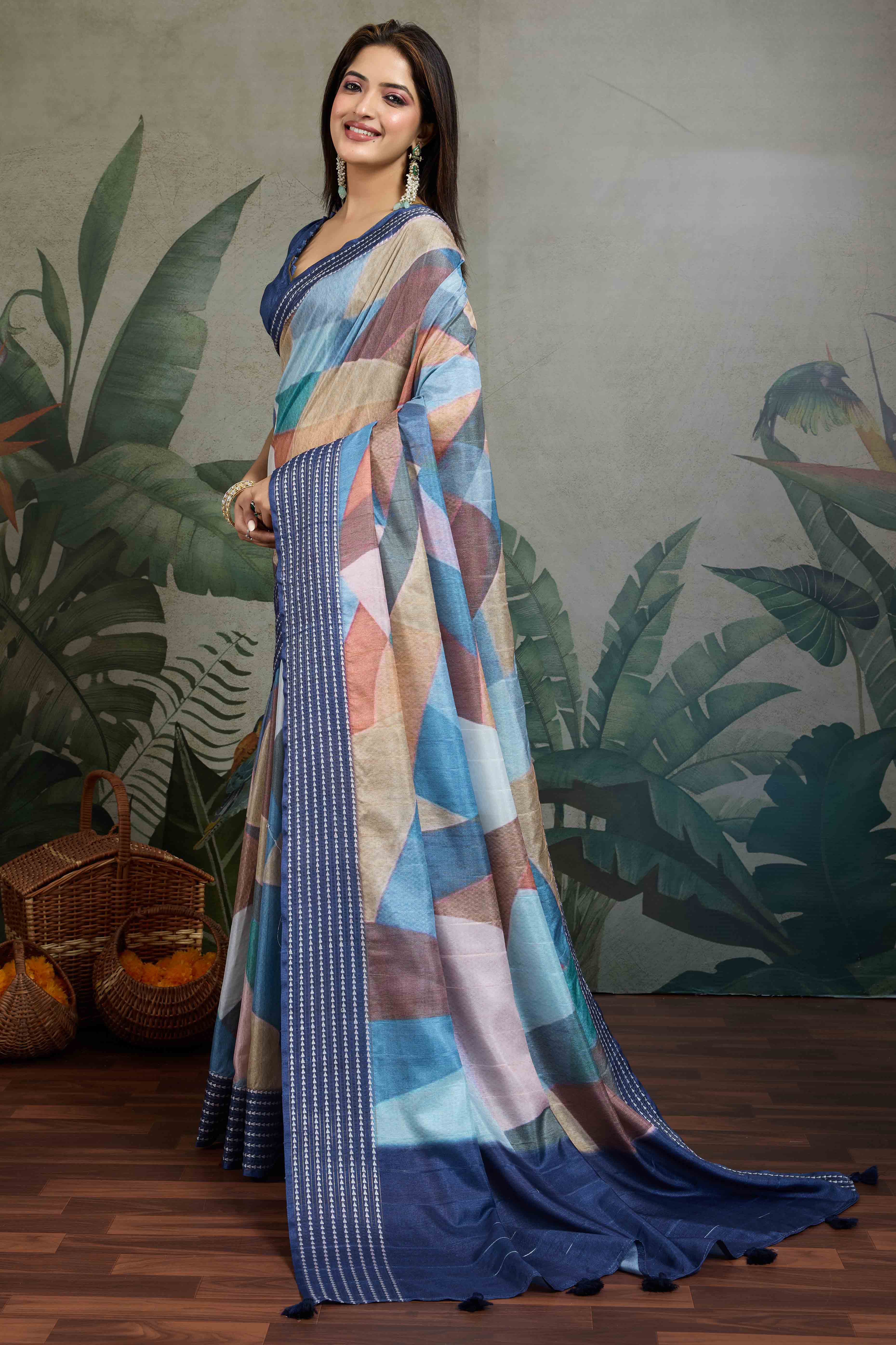 Blue Silk Blend Saree with Geometric Print
