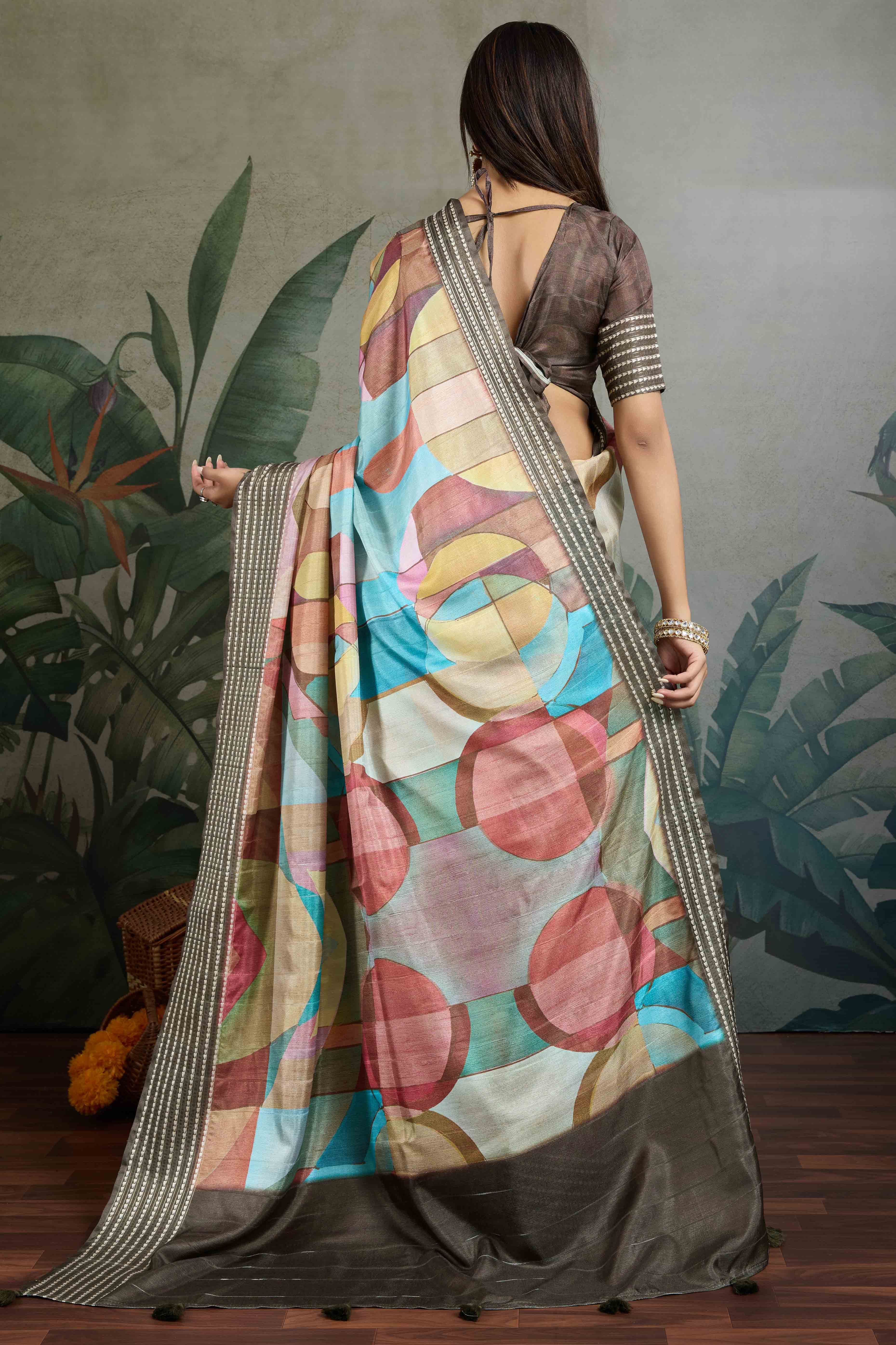 Brown Silk Blend Saree with Geometric Print