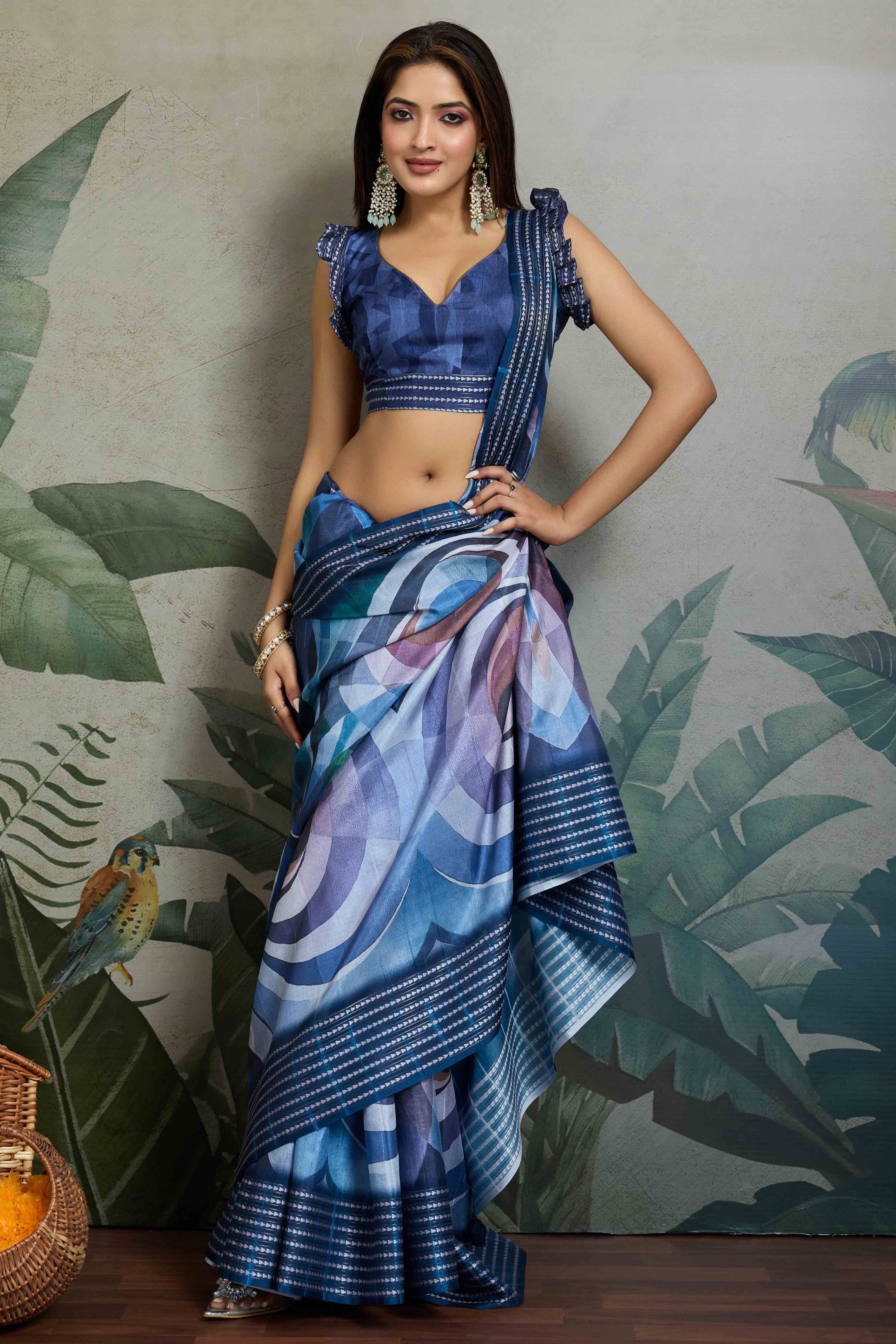 Blue Silk Blend Saree with Geometric Print