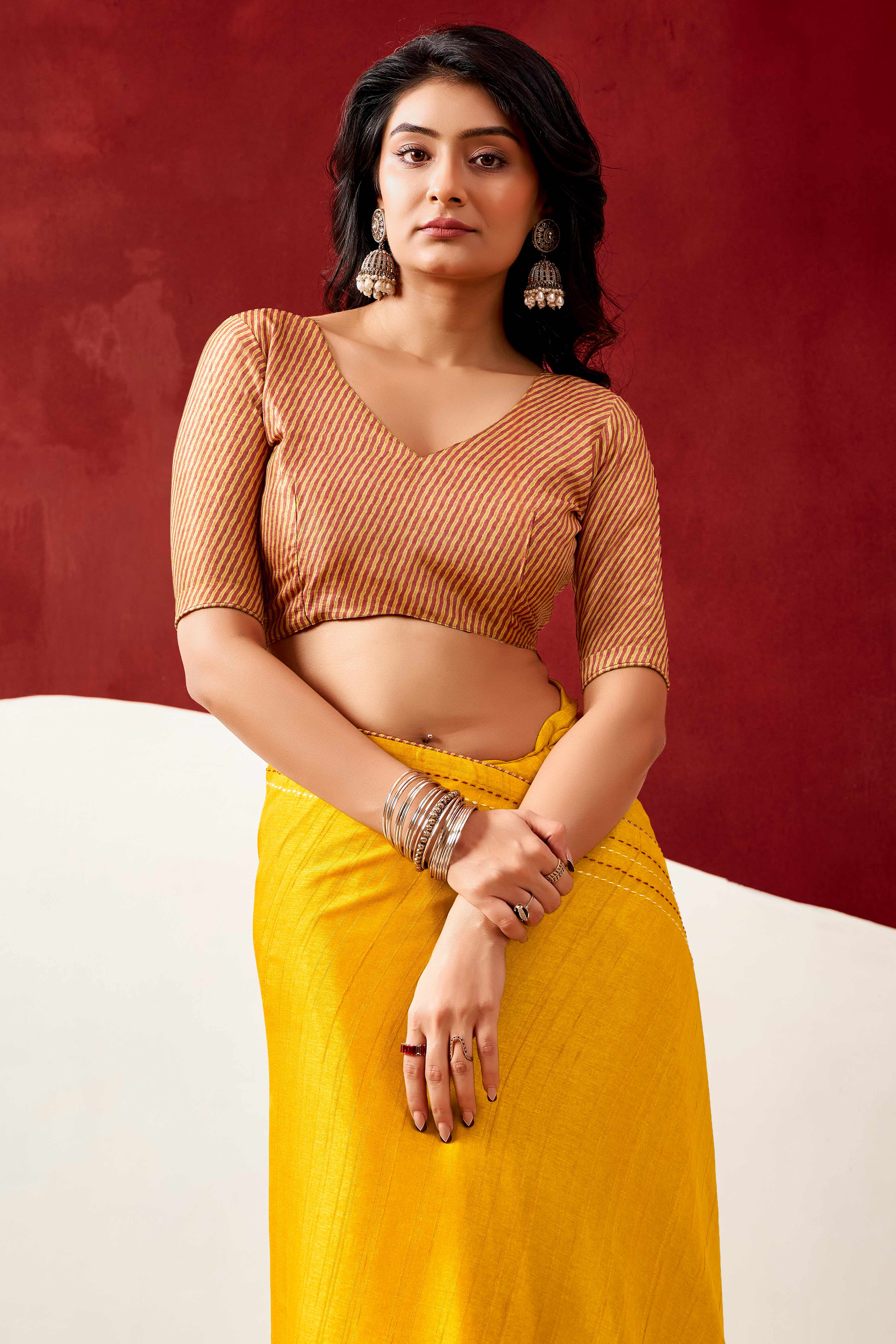 Graceful Yellow Handloom Cotton Blend Saree Featuring Striped Lining Embroidery & Tassel Pallu