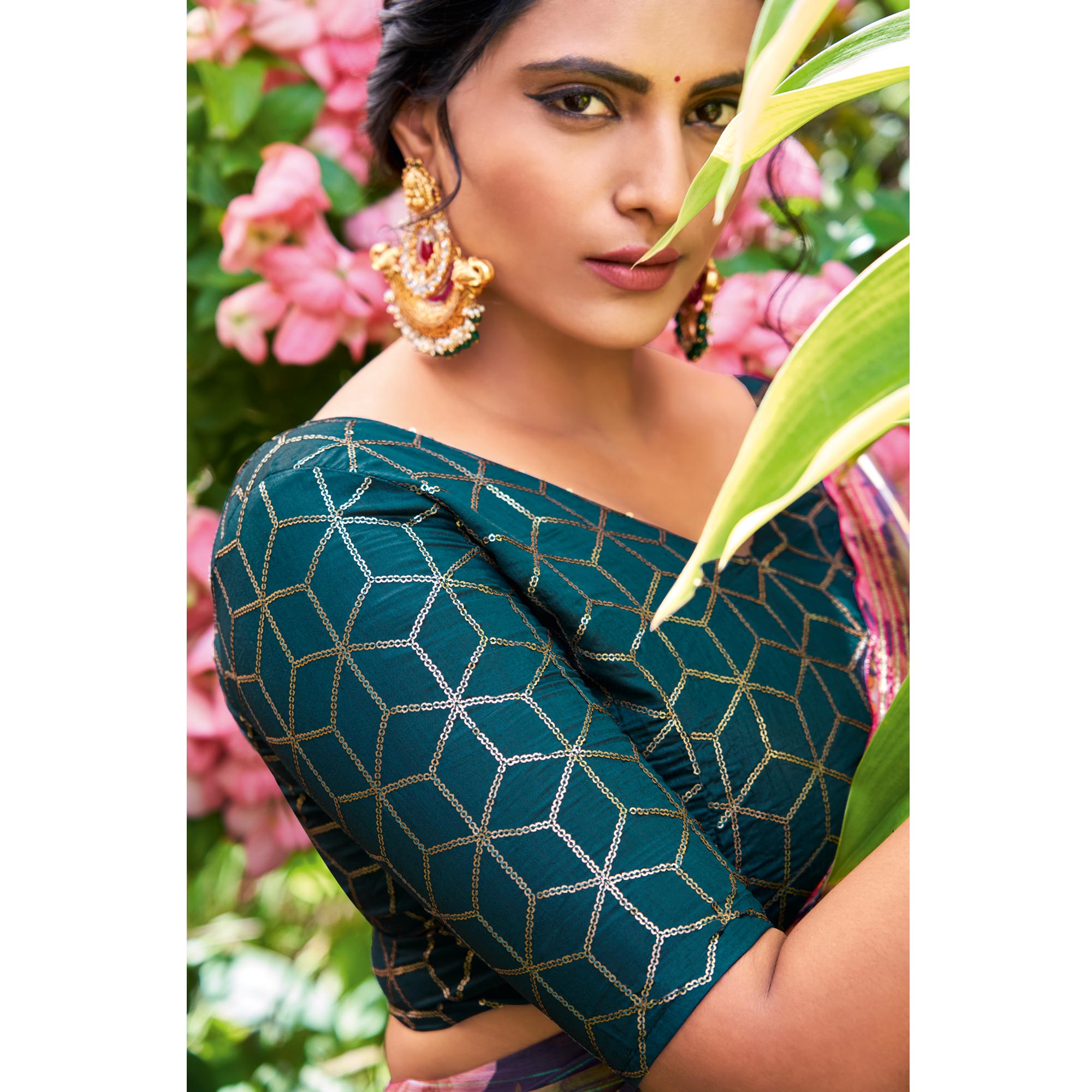 Dark Teal Floral Printed Chiffon Saree With Zari Work