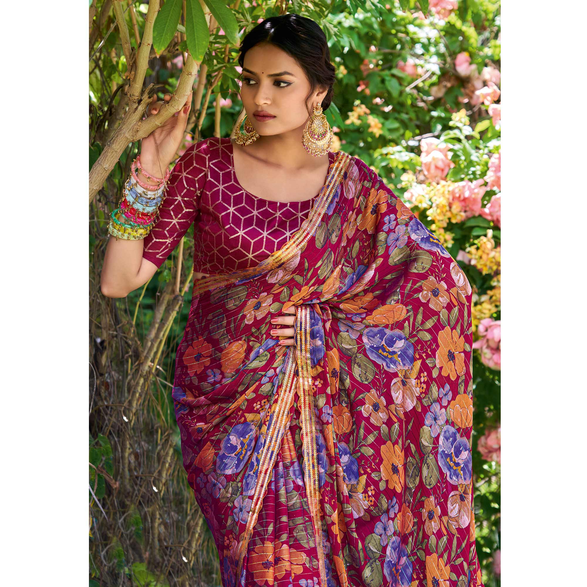 Magenta Floral Printed Chiffon Saree With Zari Work