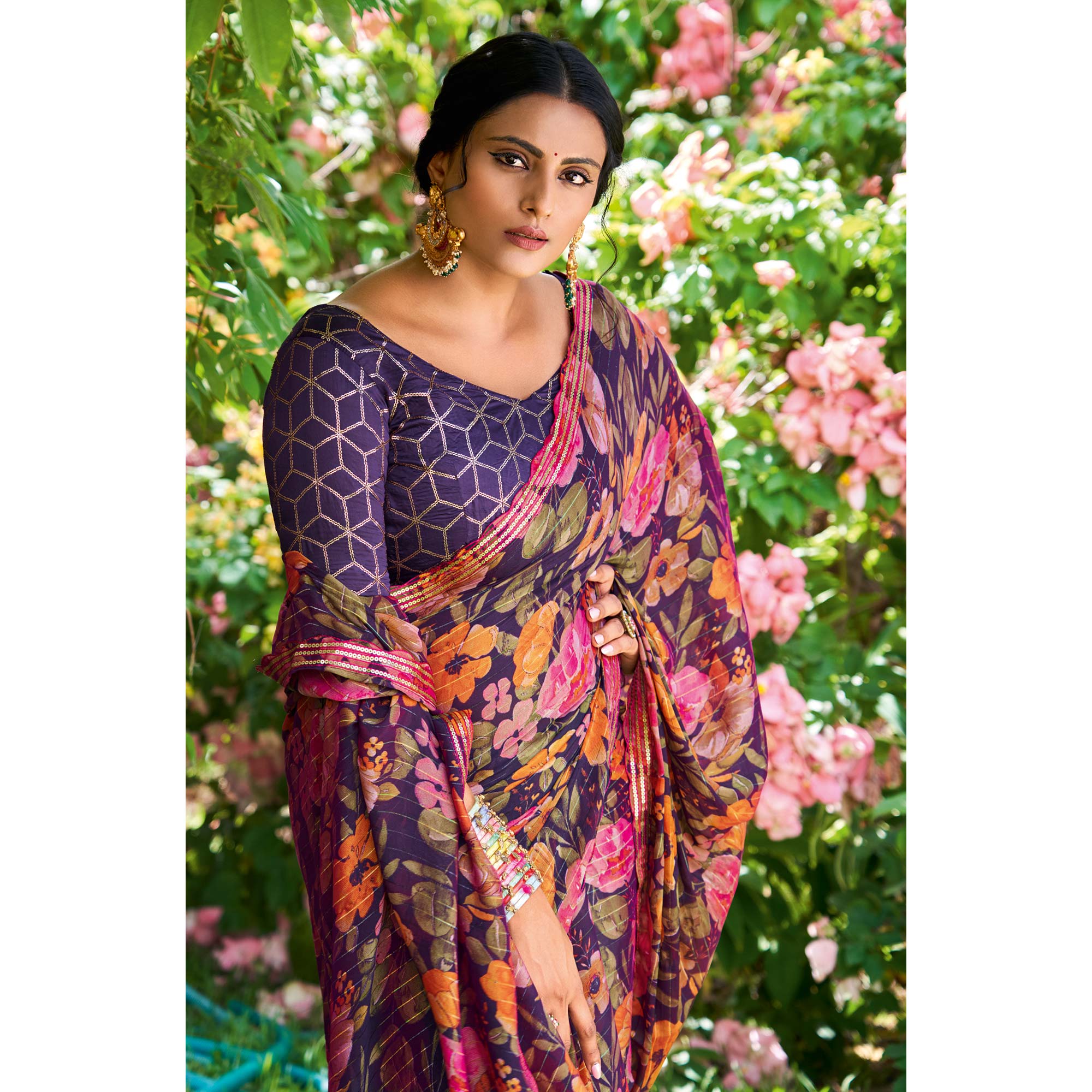 Wine Floral Printed Chiffon Saree With Zari Work