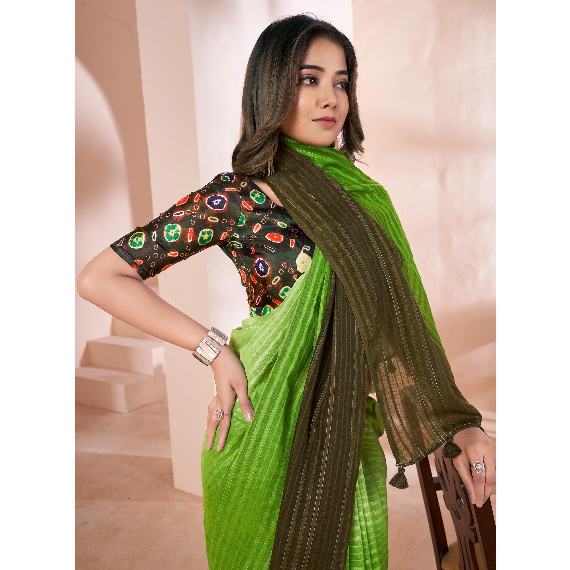 Green Woven Linen Saree With Tassels