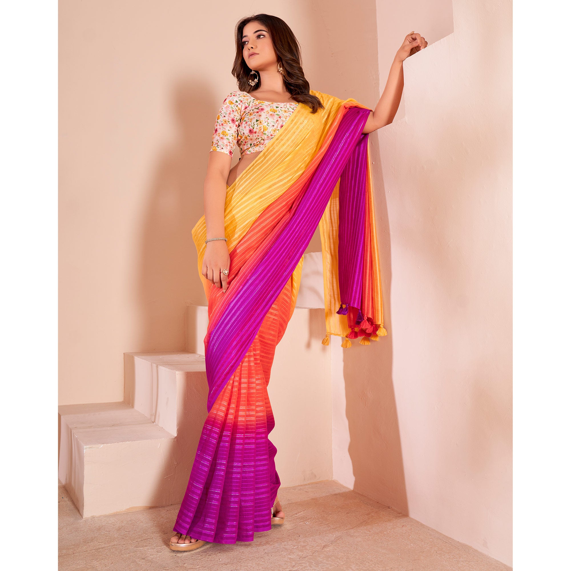 Multicolor Woven Linen Saree With Tassels