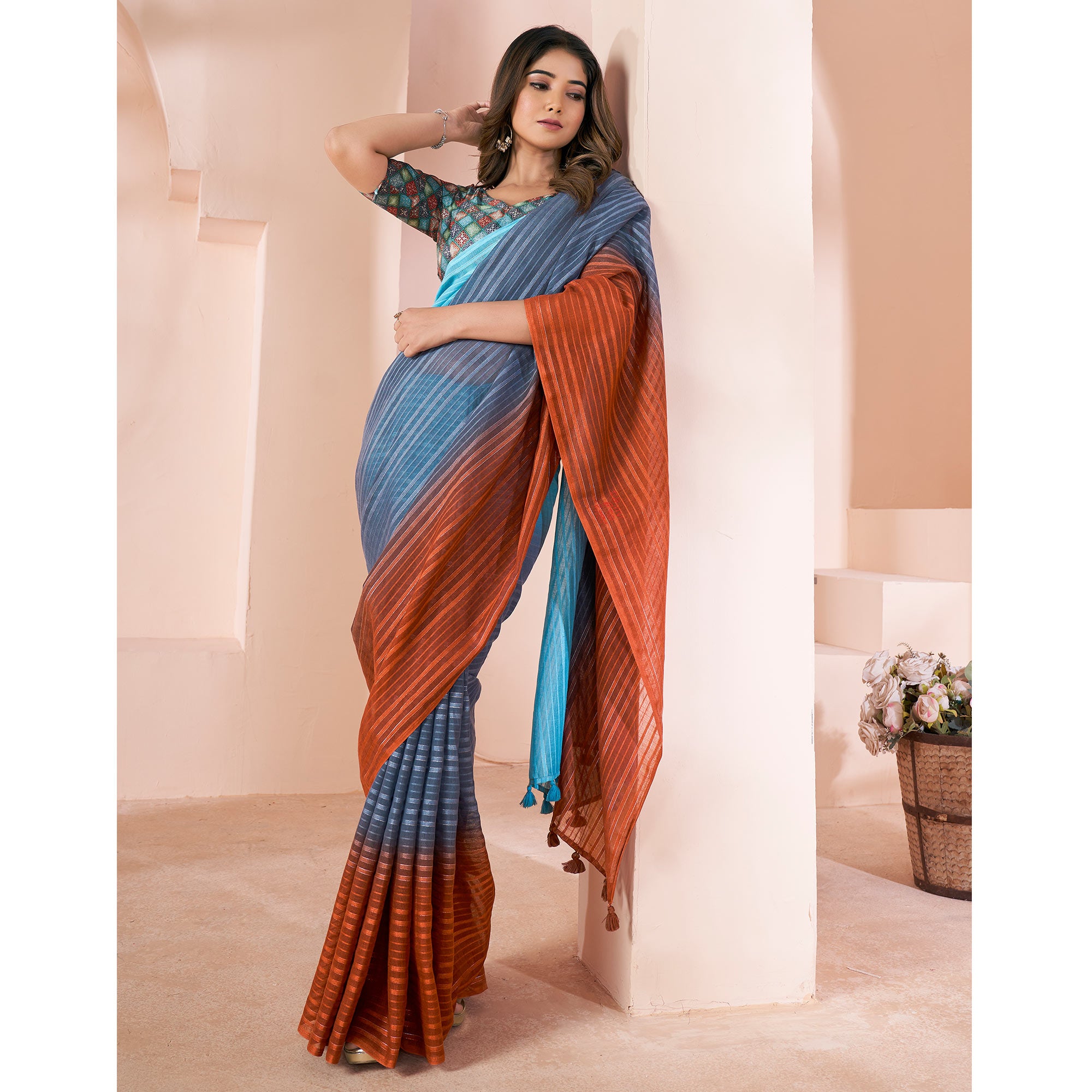 Multicolor Woven Linen Saree With Tassels