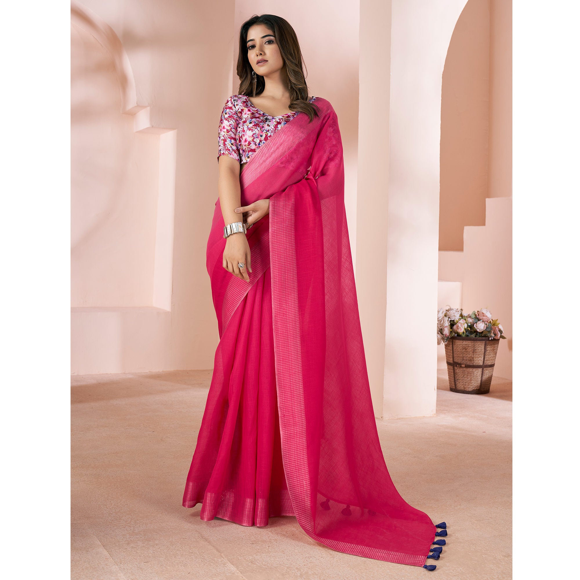 Pink Woven Linen Saree With Tassels