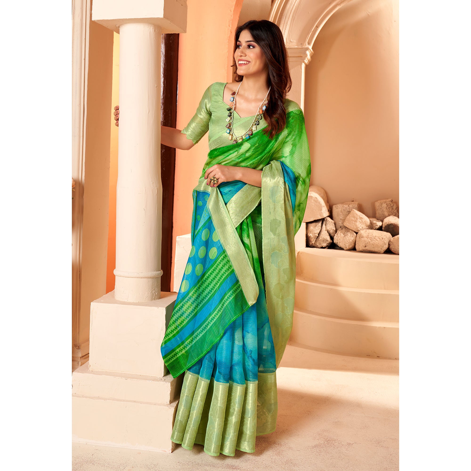 Green & Blue Printed Organza Saree With Woven Border