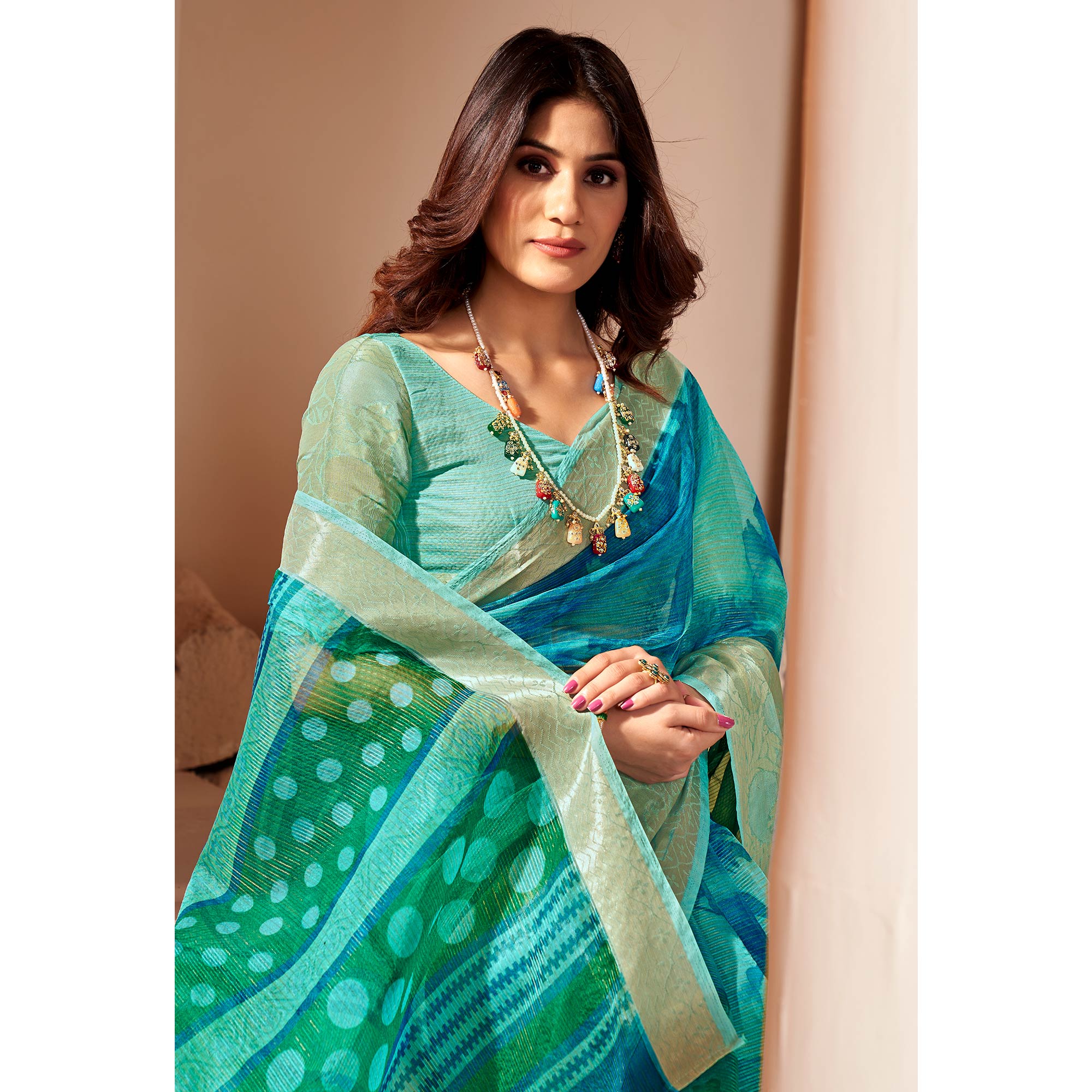 Blue & Sea Green Printed Organza Saree With Woven Border