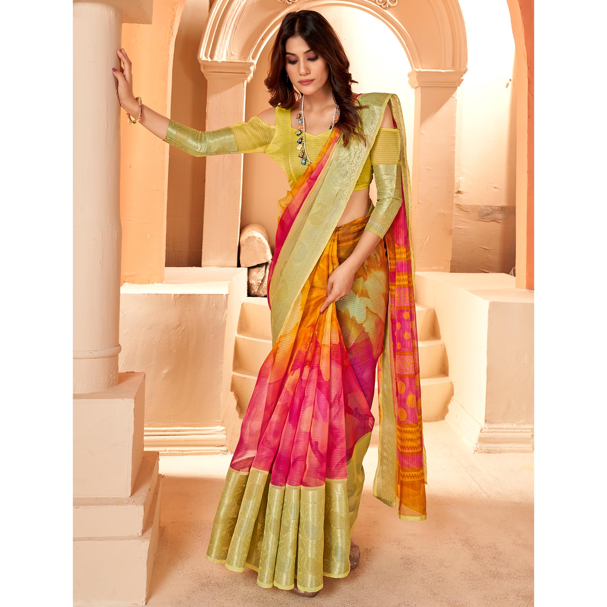 Mustard & Pink Printed Organza Saree With Woven Border