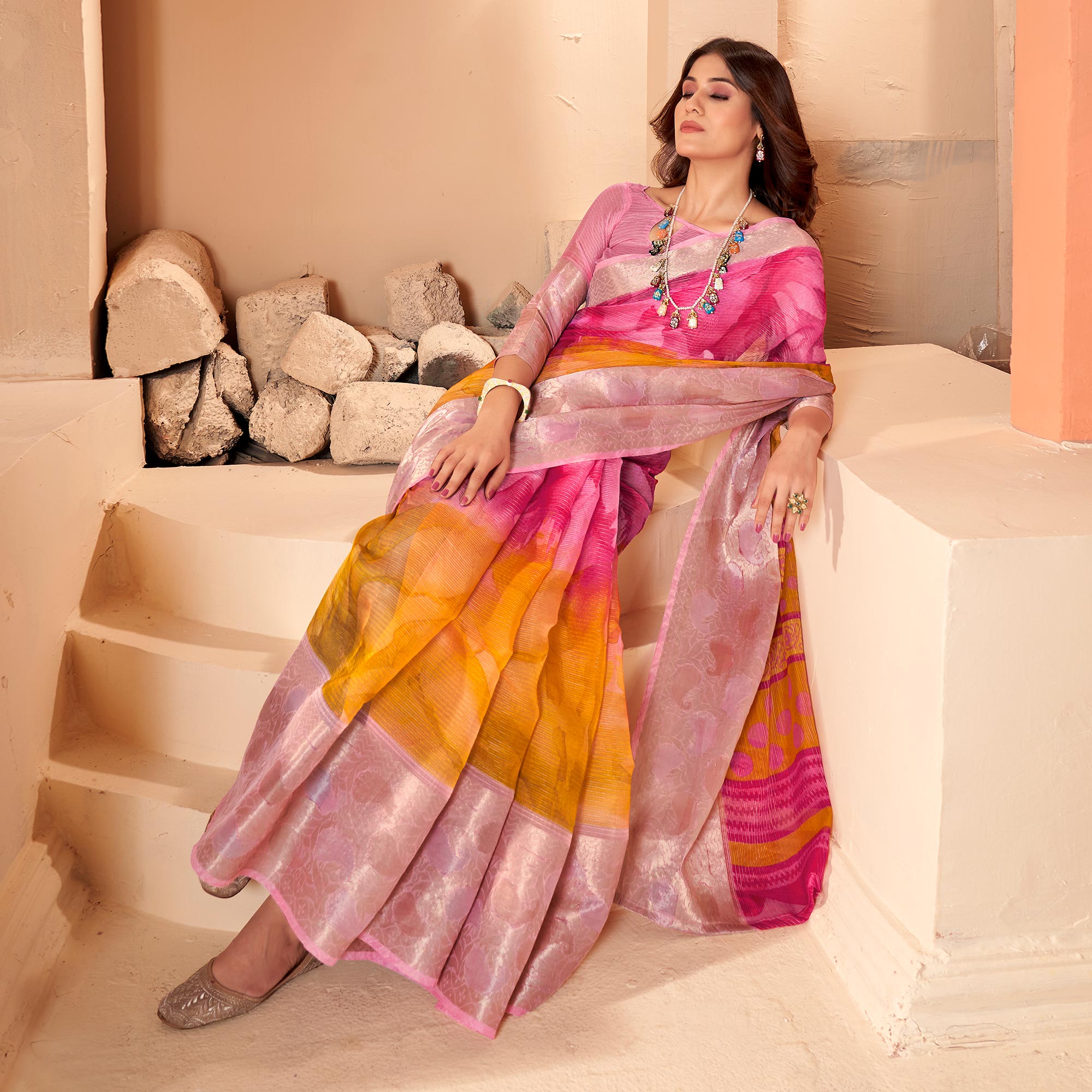 Pink & Mustard Printed Organza Saree With Woven Border