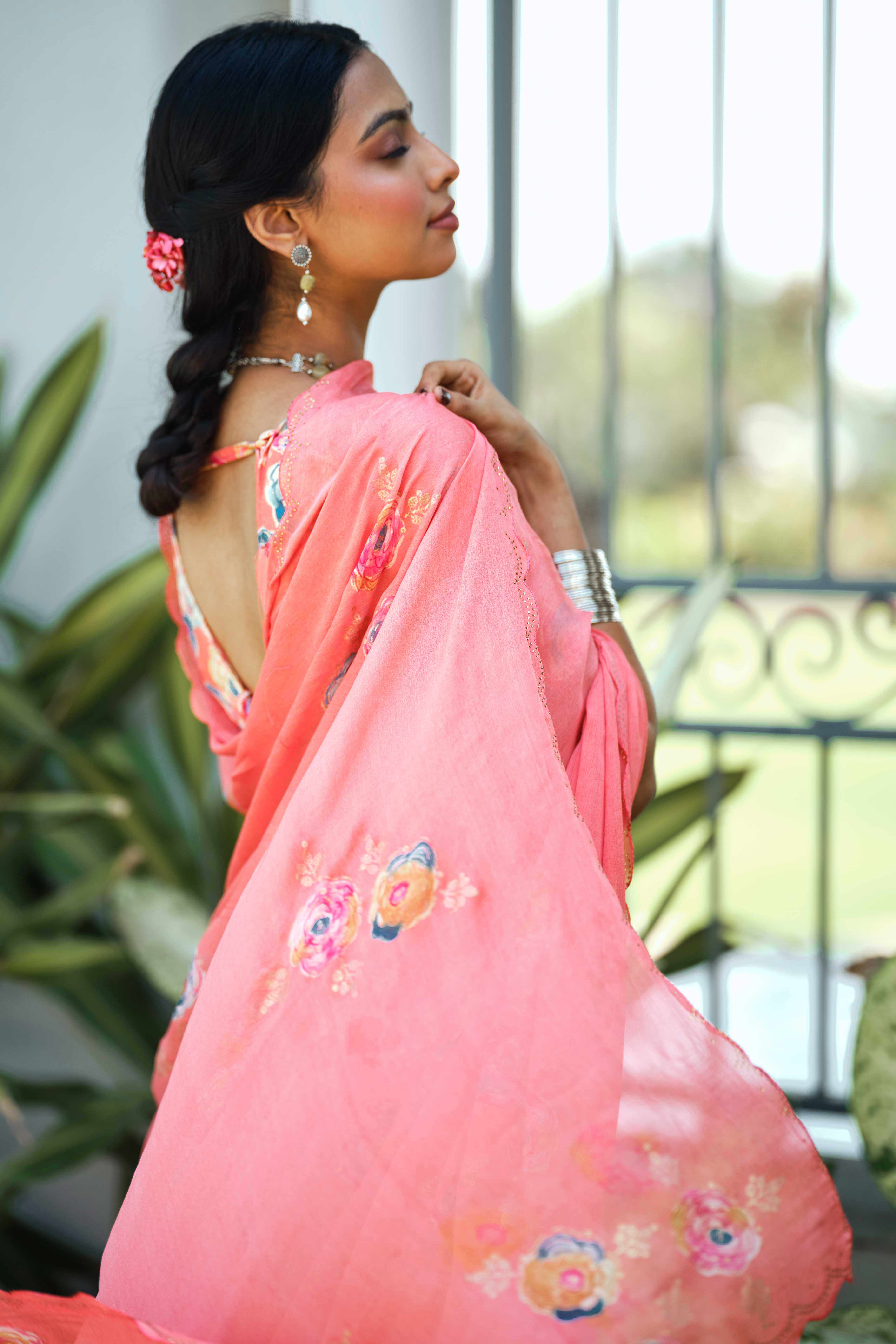 Elegant Peach Chiffon Saree with Floral and Foil Print Detailing