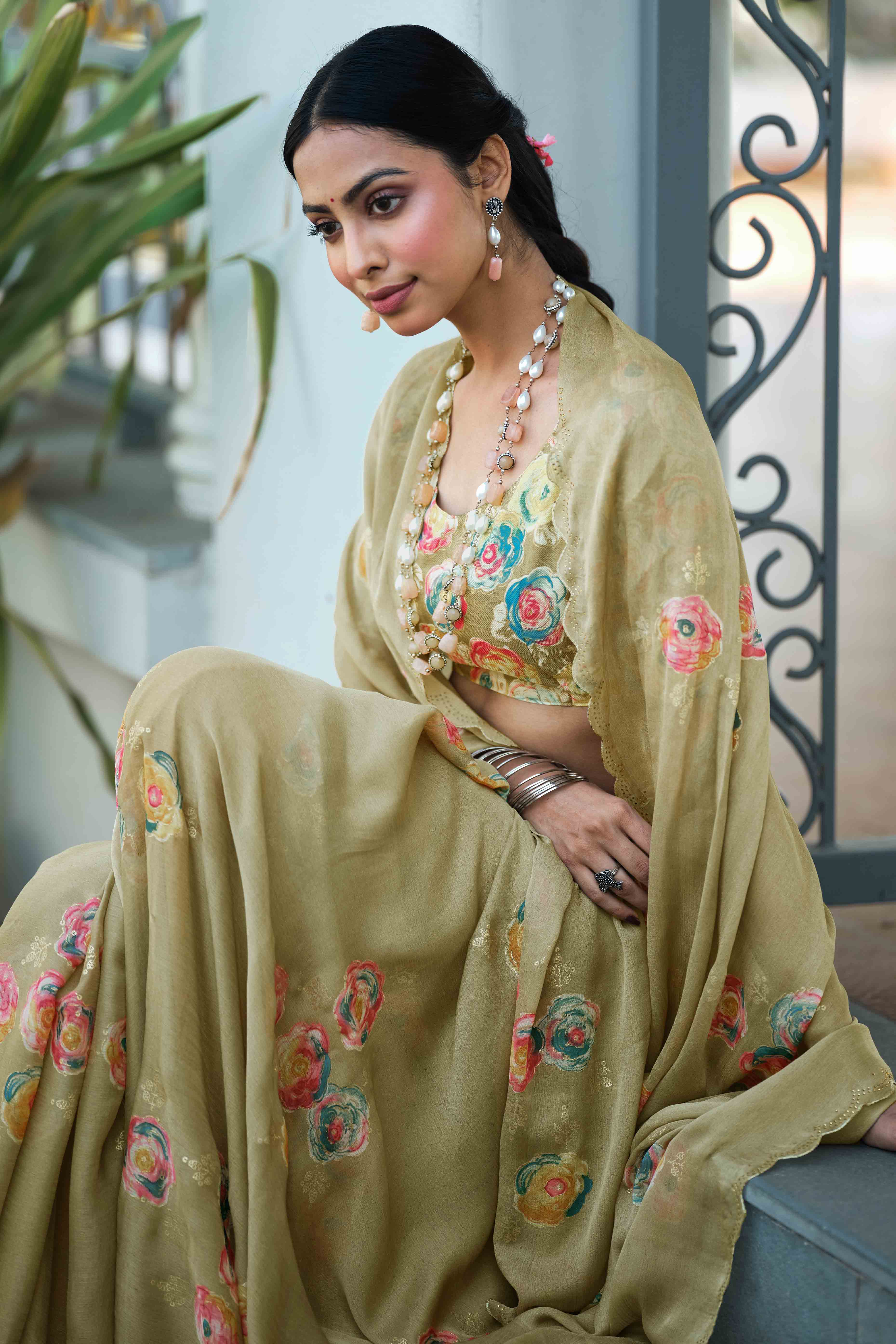 Elegant Olive Chiffon Saree with Floral and Foil Print Detailing