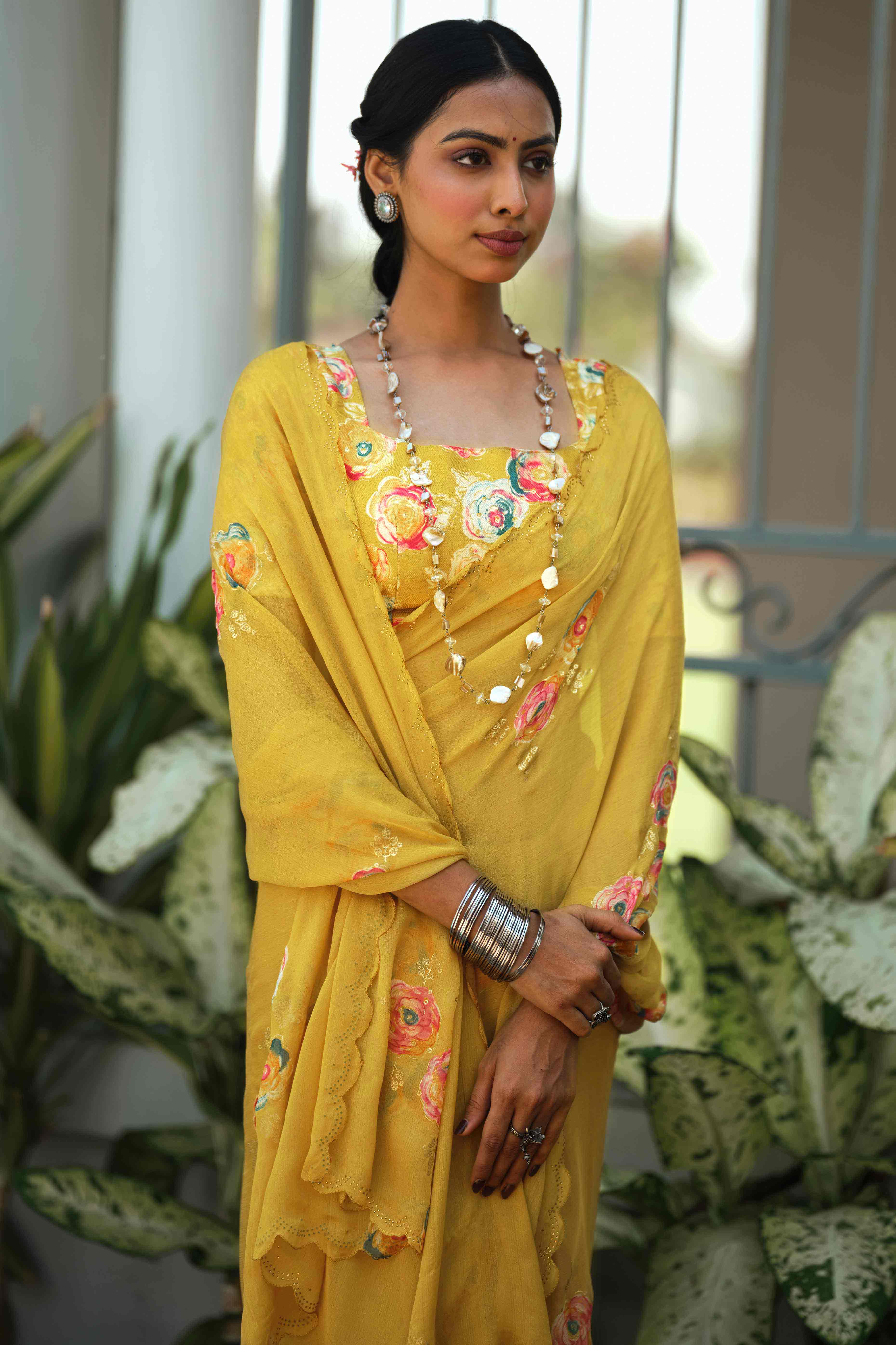 Elegant Mustard Chiffon Saree with Floral and Foil Print Detailing