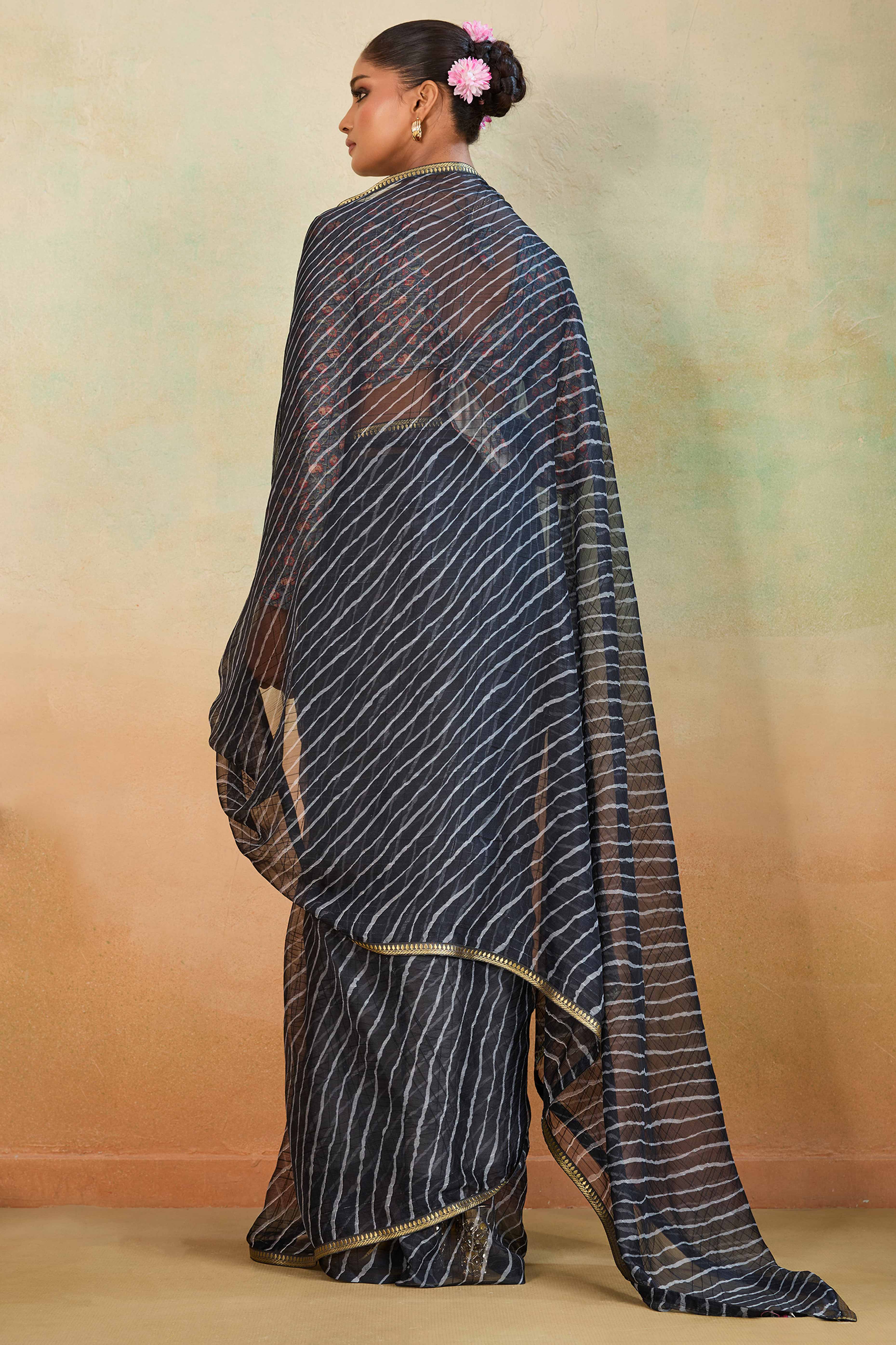 Black Leheriya Chiffon Saree Accented With Elegant Zari Lace Border Work