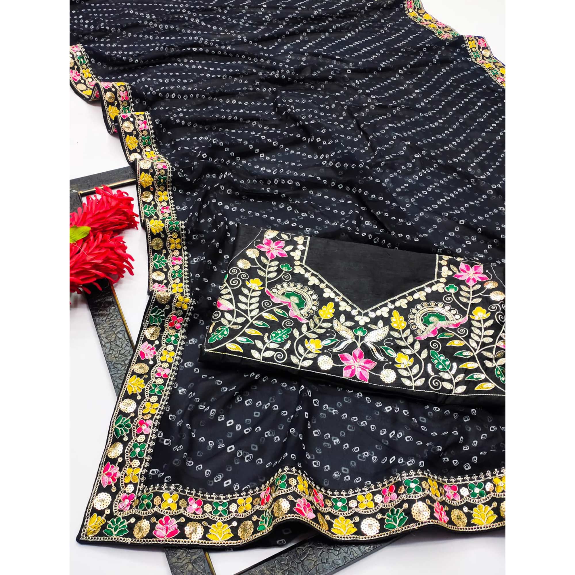 Black Bandhani Printed Georgette Saree With Sparkling Sequin Embroidered Border