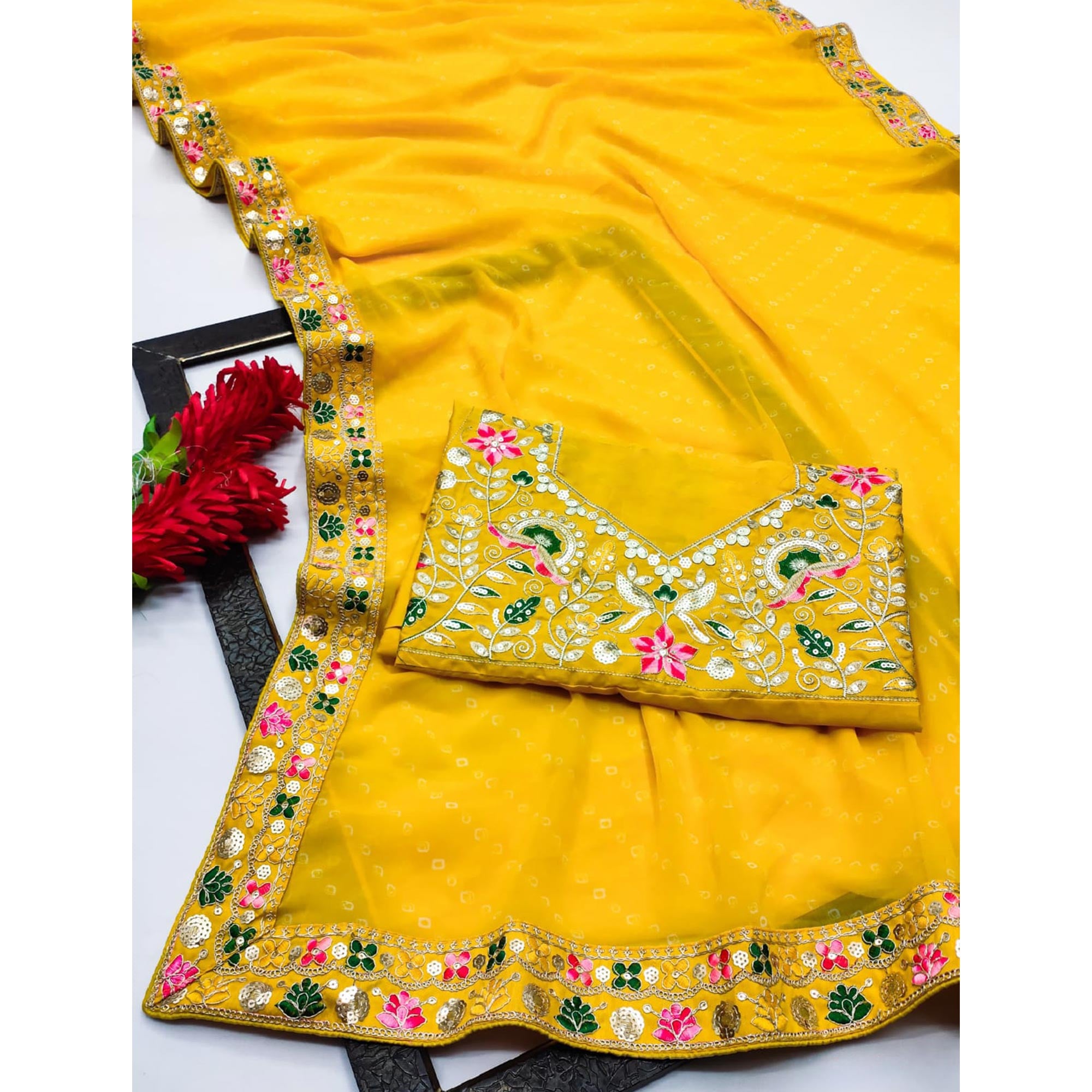 Yellow Bandhani Printed Georgette Saree With Sparkling Sequin Embroidered Border