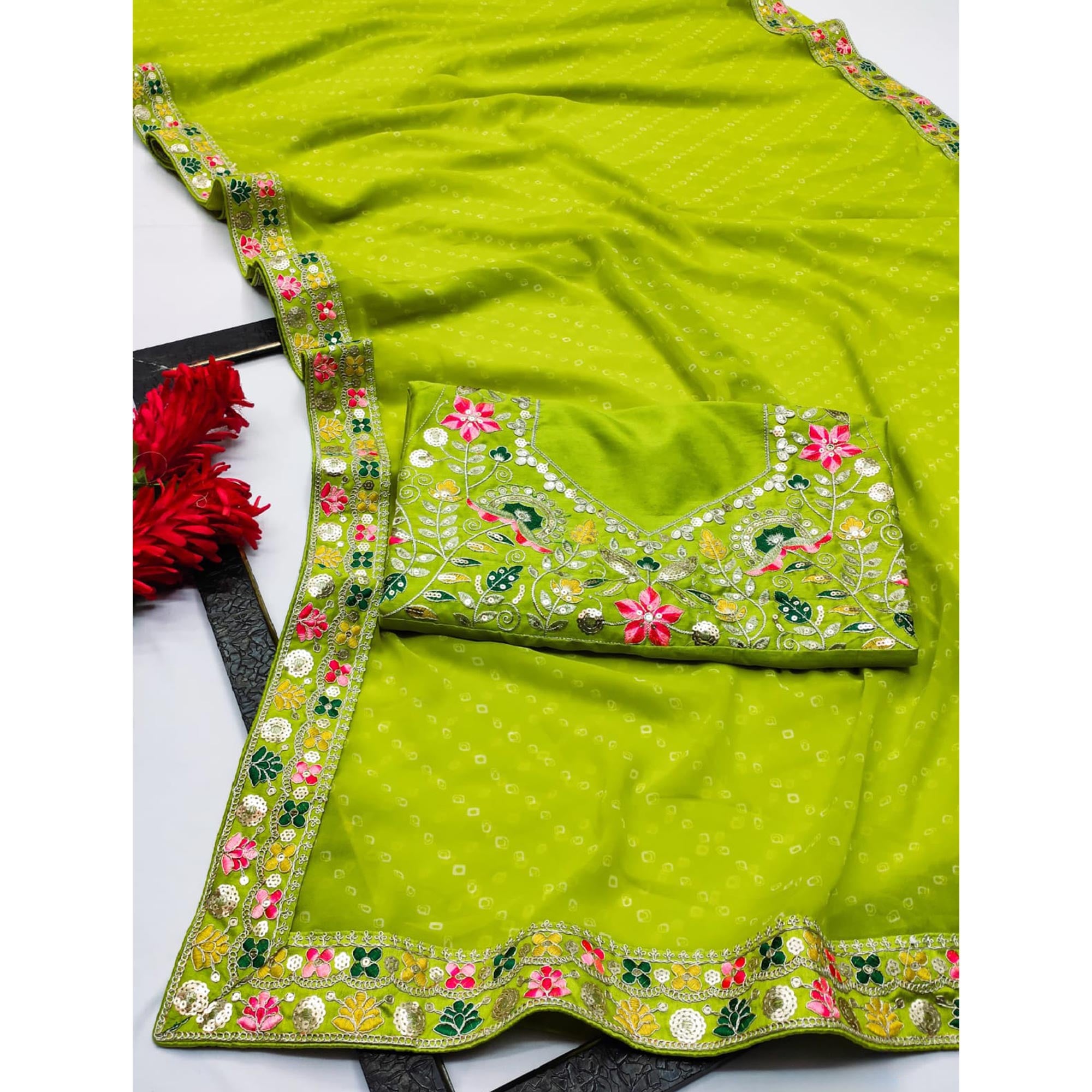 Parrot Green Bandhani Printed Georgette Saree With Sparkling Sequin Embroidered Border