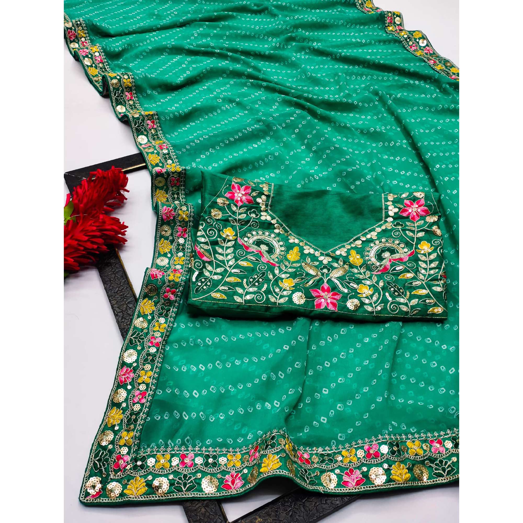 Rama Green Bandhani Printed Georgette Saree With Sparkling Sequin Embroidered Border