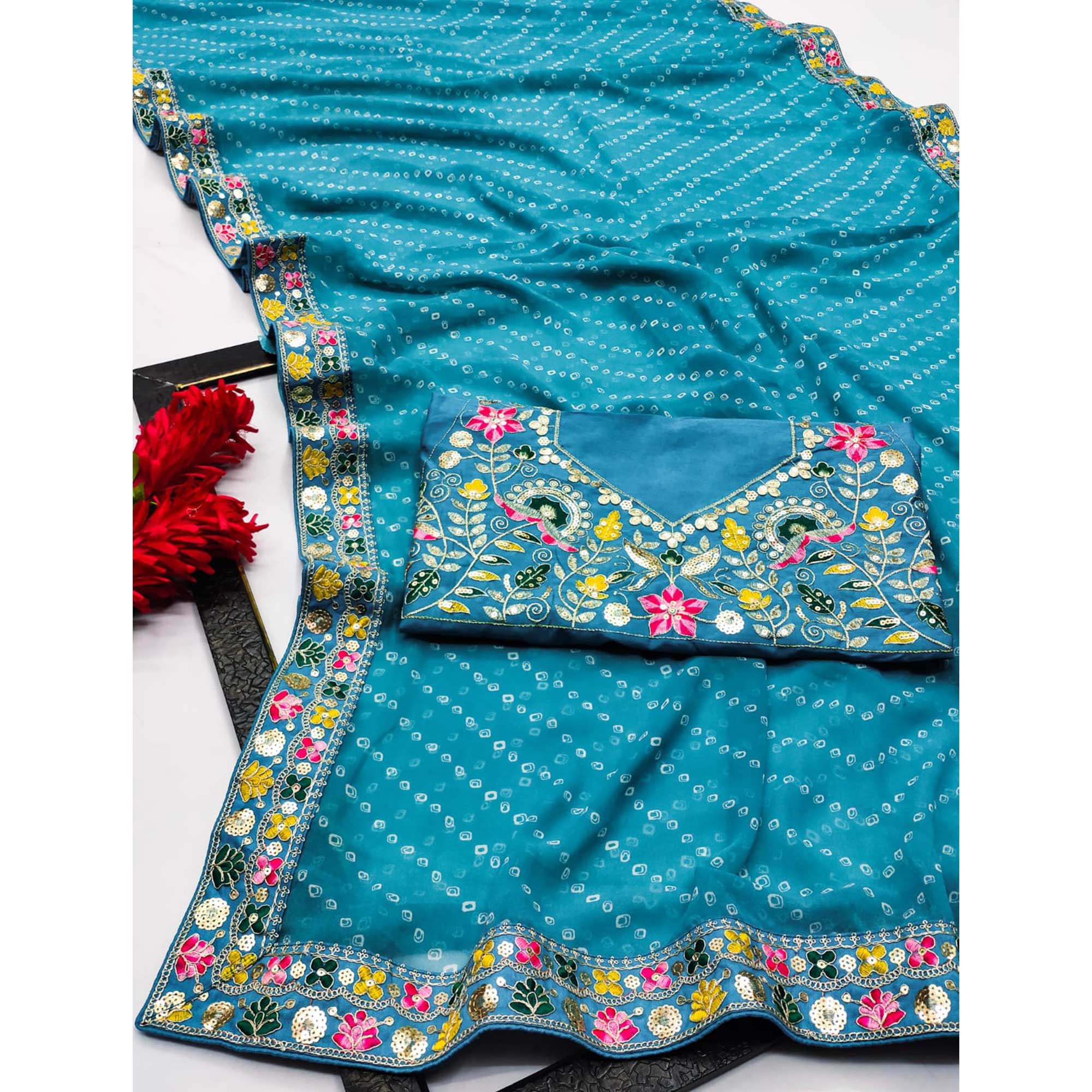 Blue Bandhani Printed Georgette Saree With Sparkling Sequin Embroidered Border