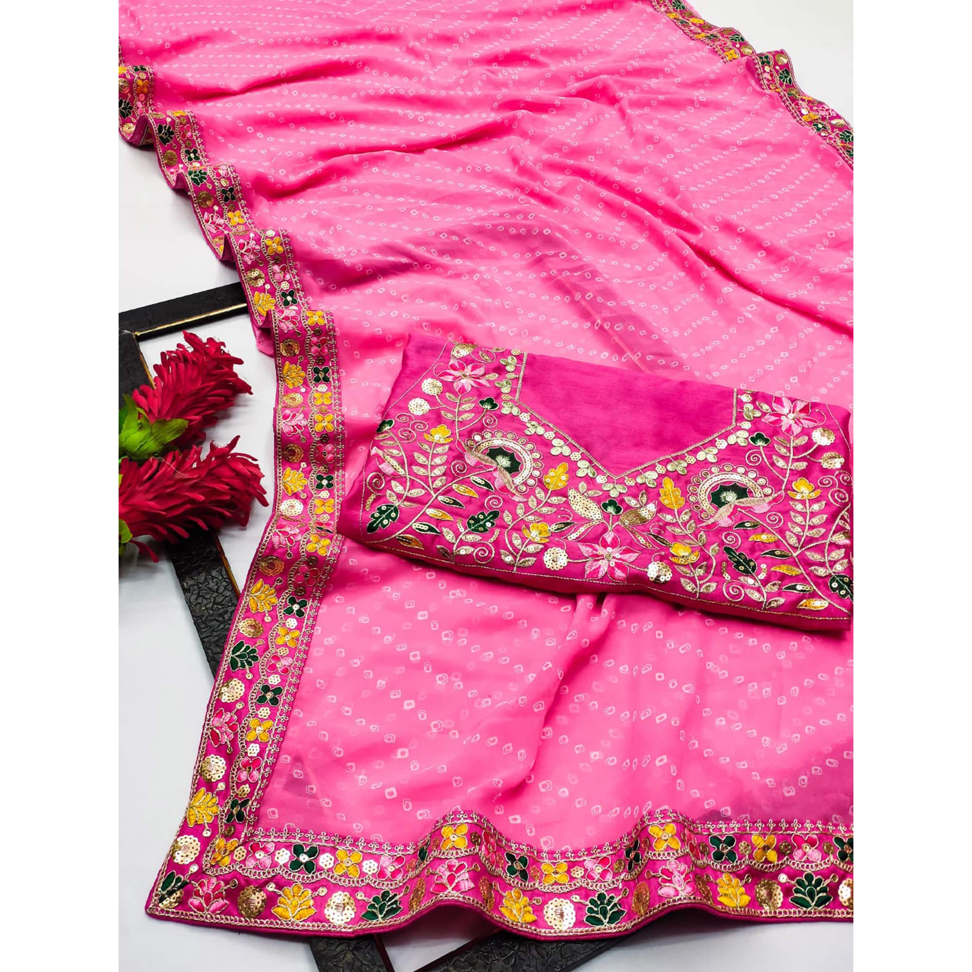 Pink Bandhani Printed Georgette Saree With Sparkling Sequin Embroidered Border