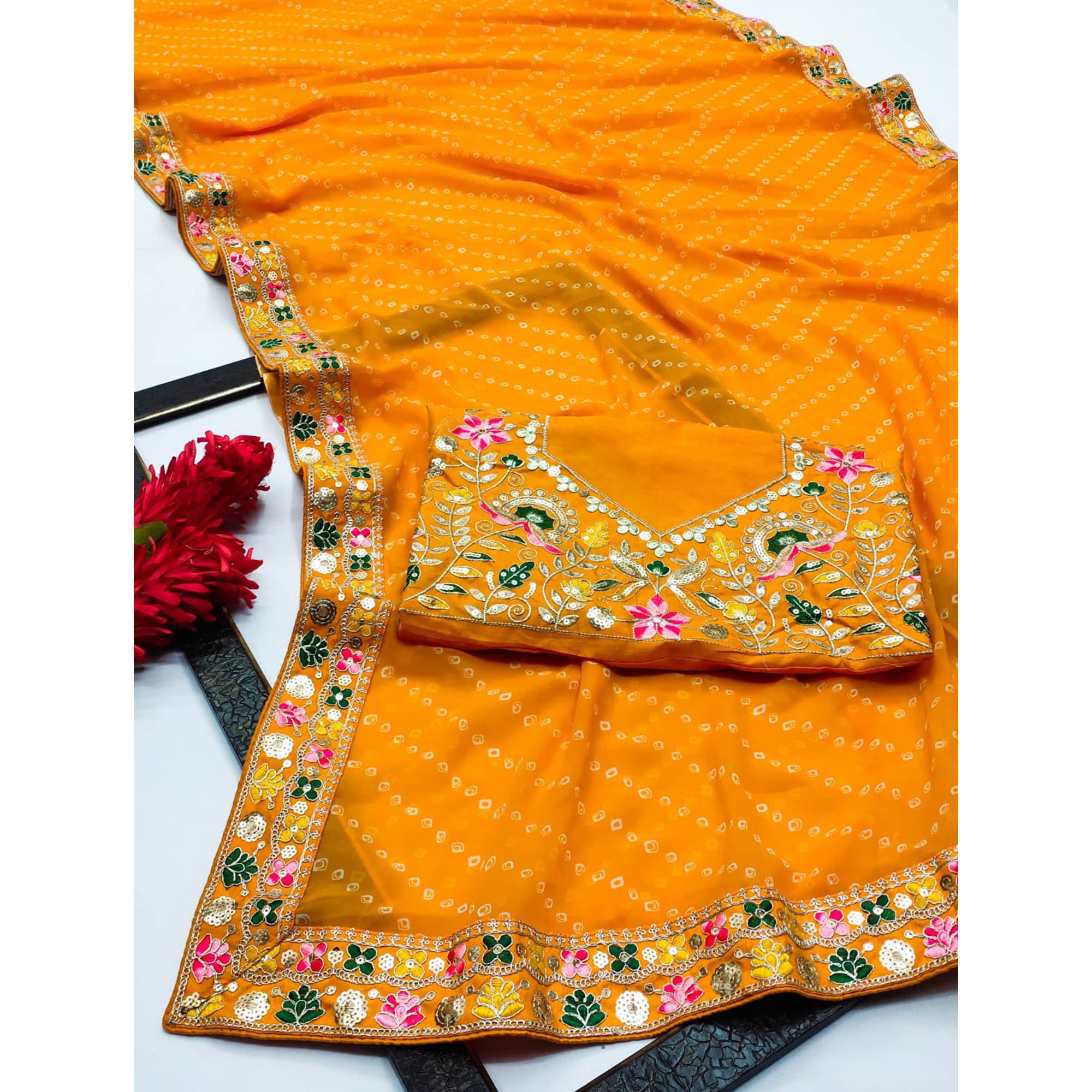 Orange Bandhani Printed Georgette Saree With Sparkling Sequin Embroidered Border