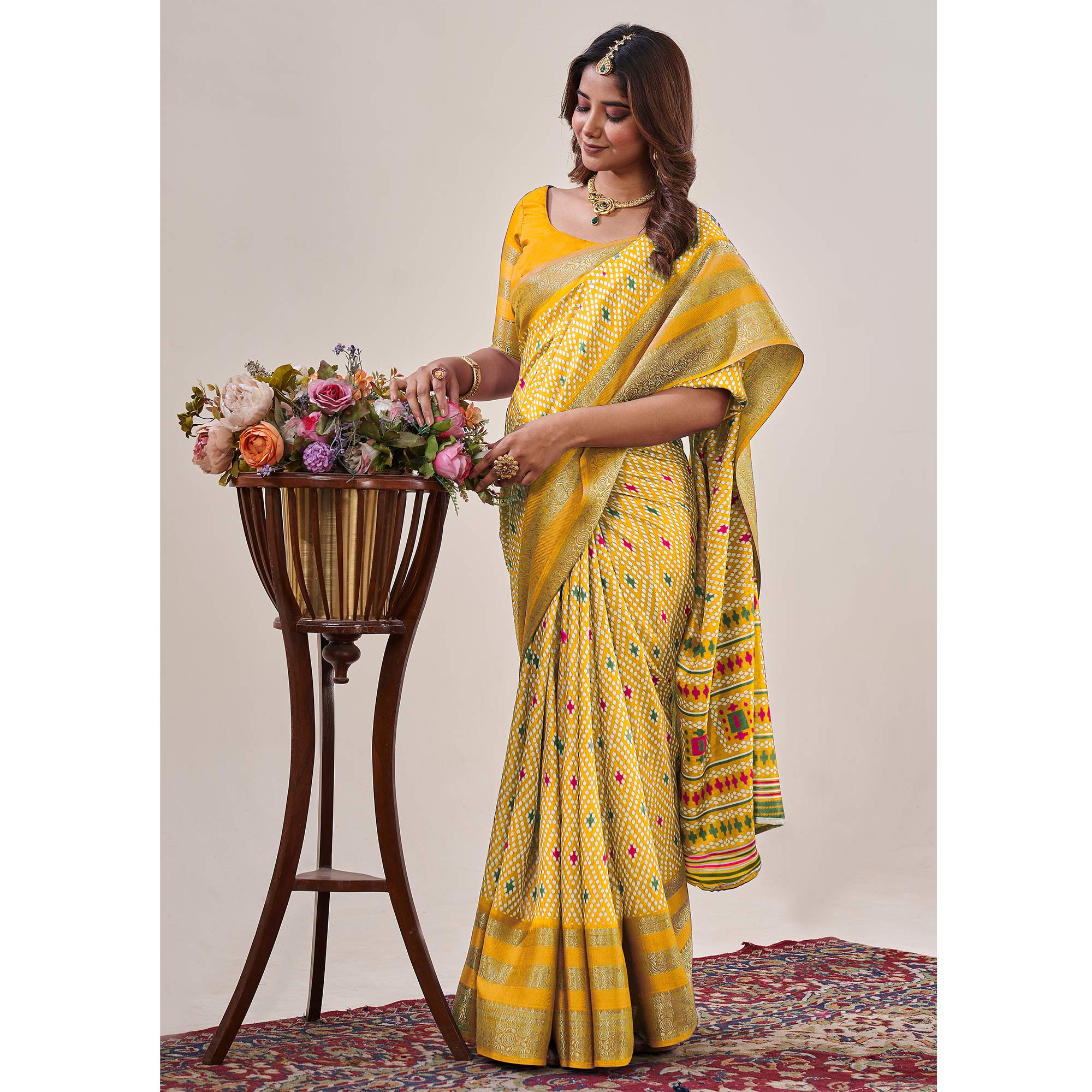 Yellow Ikkat Printed With Jacquard Border Cotton Silk Saree