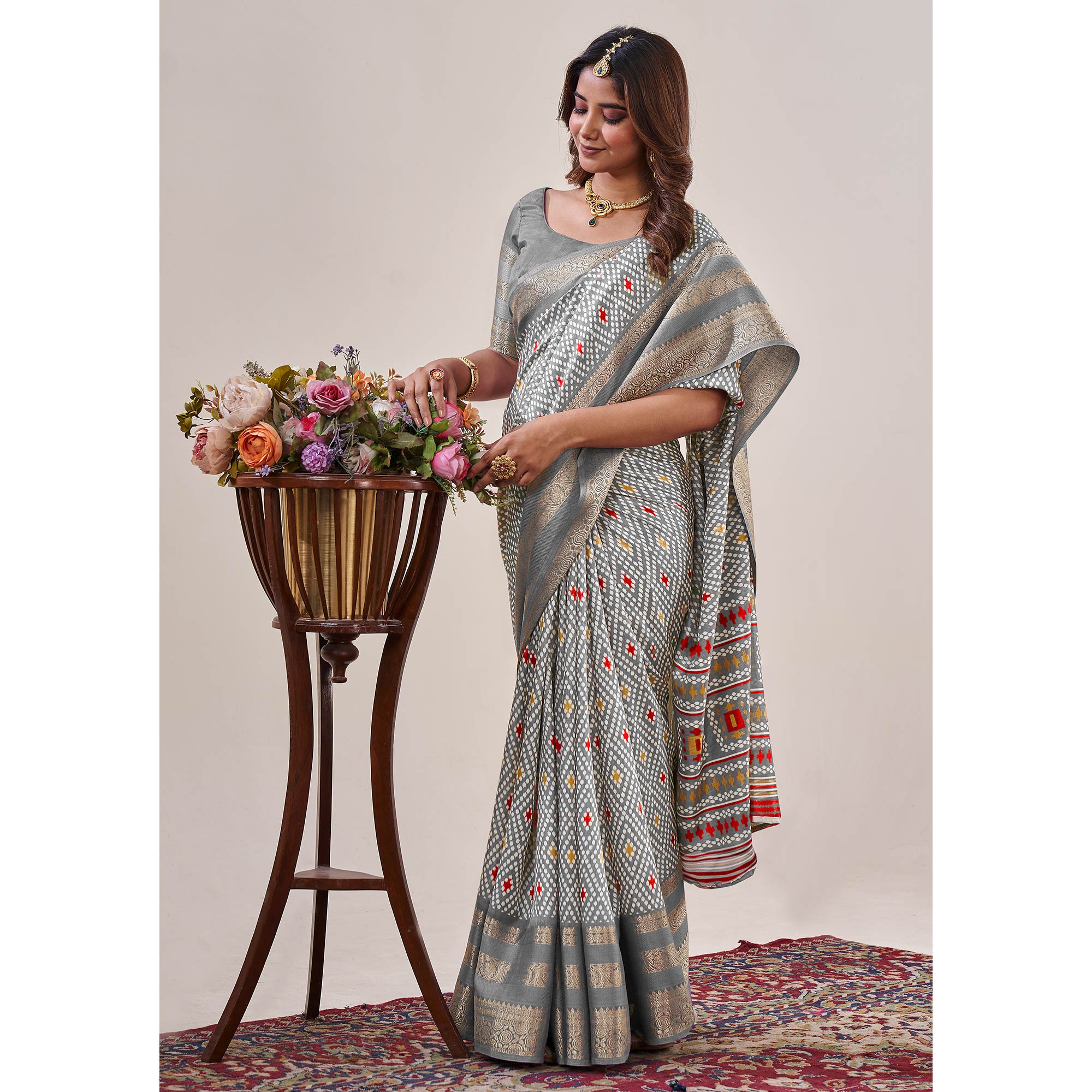 Grey Ikkat Printed With Jacquard Border Cotton Silk Saree
