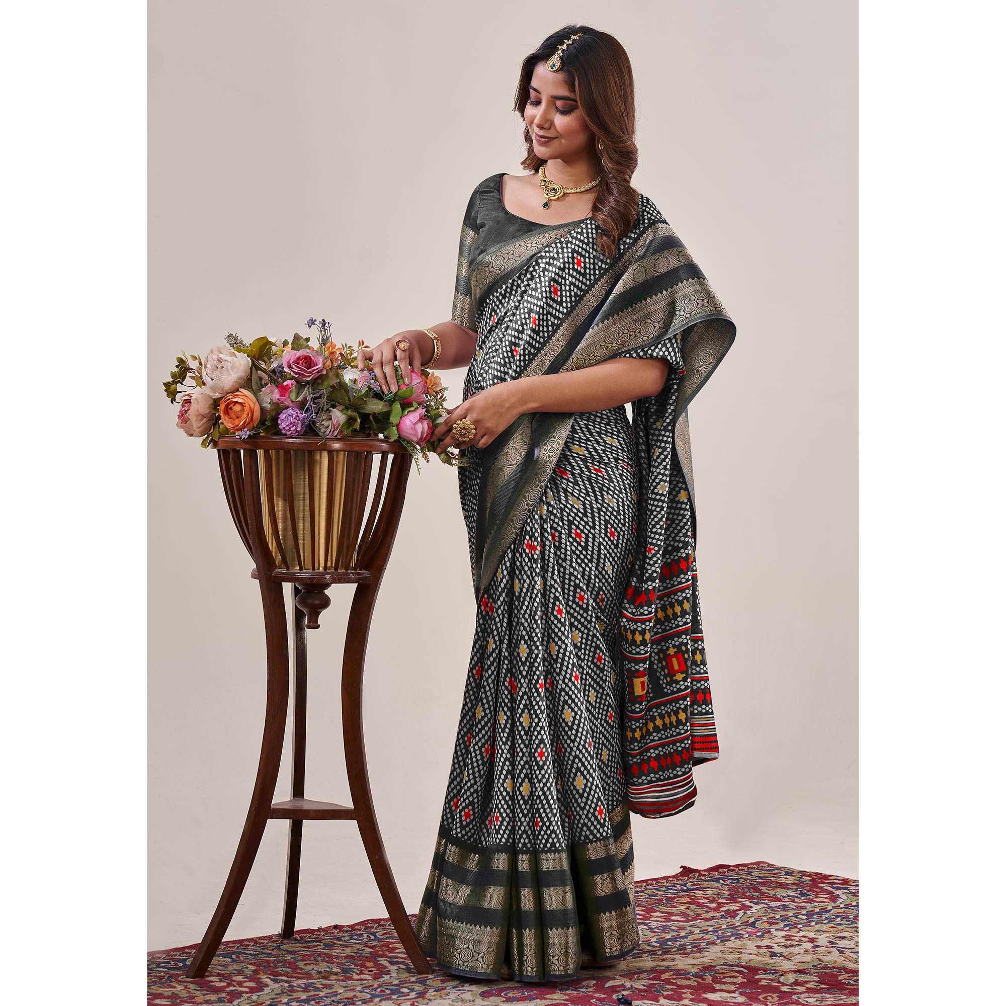 Black Ikkat Printed With Jacquard Border Cotton Silk Saree