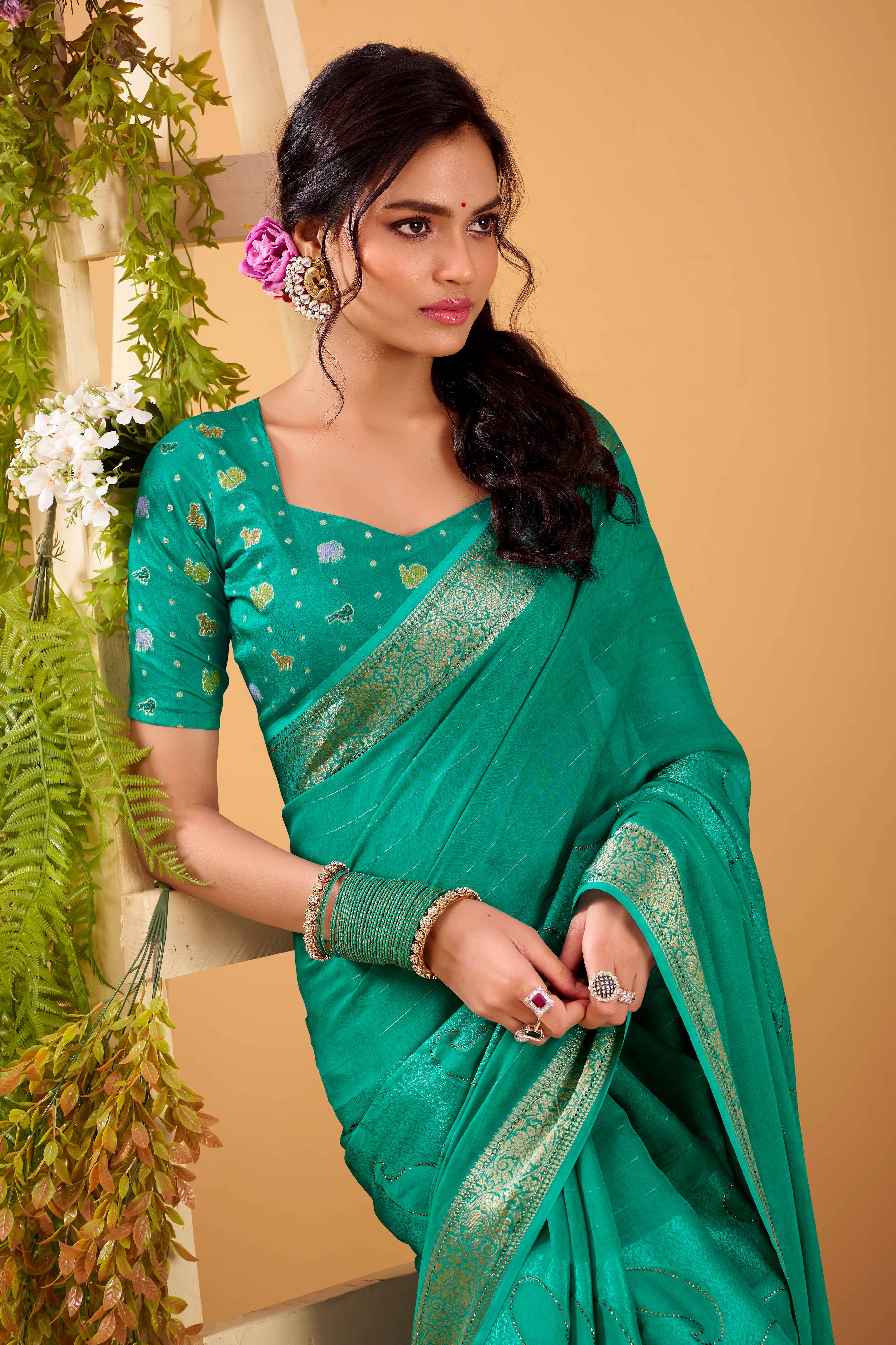 Rama Green Jacquard Saree Featuring Swarovski Embellishments With Rich Paisley & Floral Weave