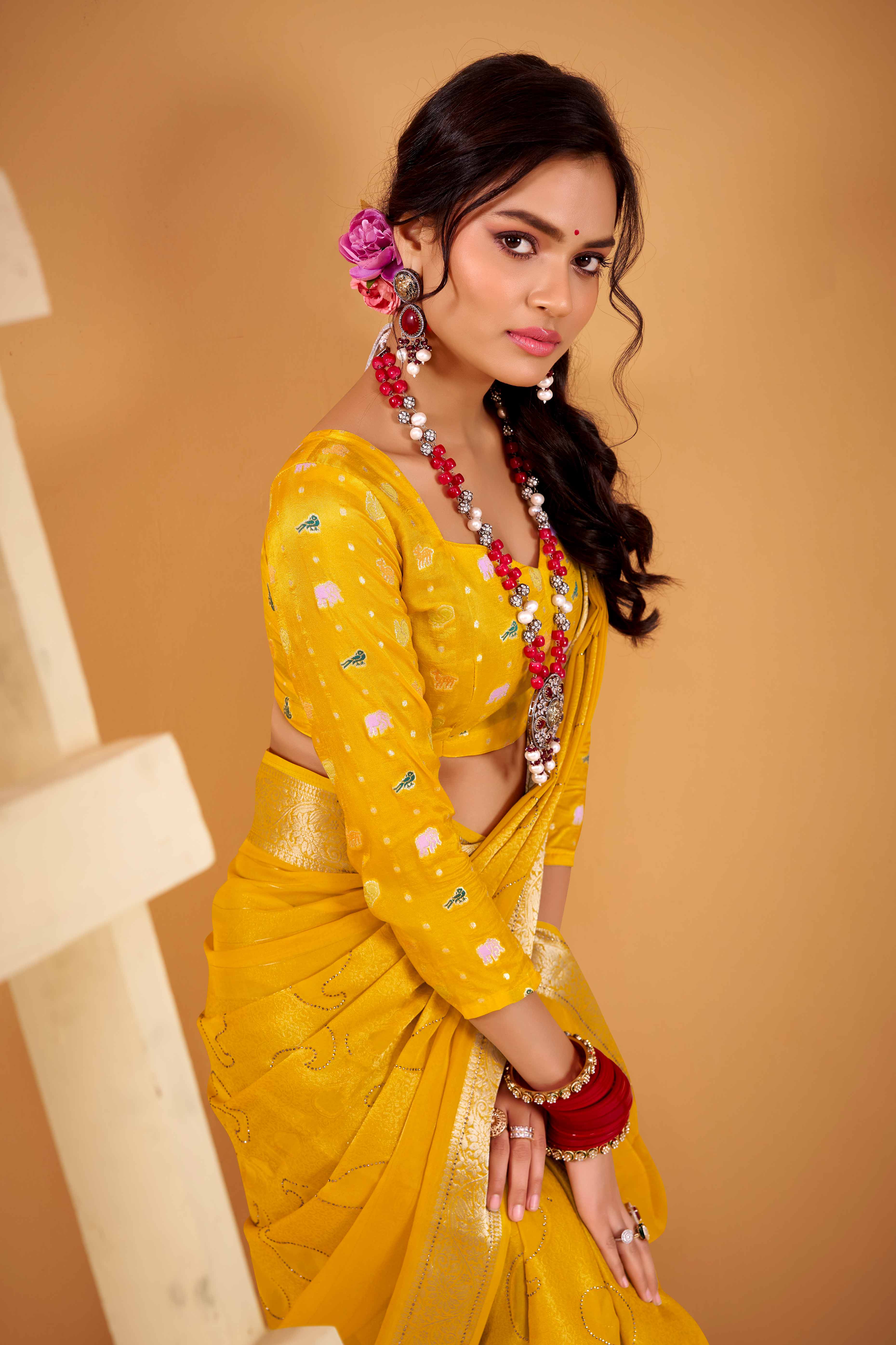 Yellow Jacquard Saree Featuring Swarovski Embellishments With Rich Paisley & Floral Weave
