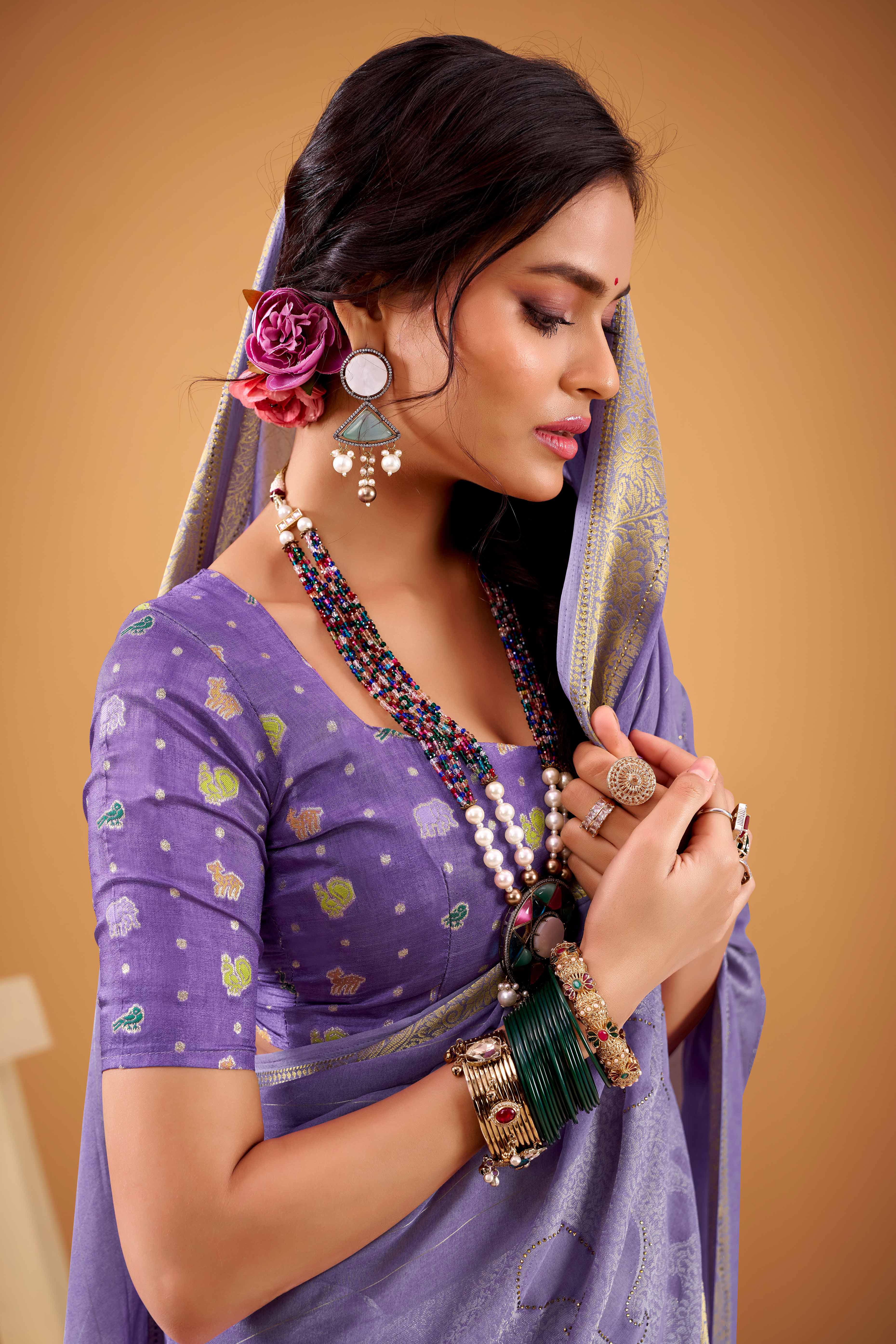 Lavender Jacquard Saree Featuring Swarovski Embellishments With Rich Paisley & Floral Weave