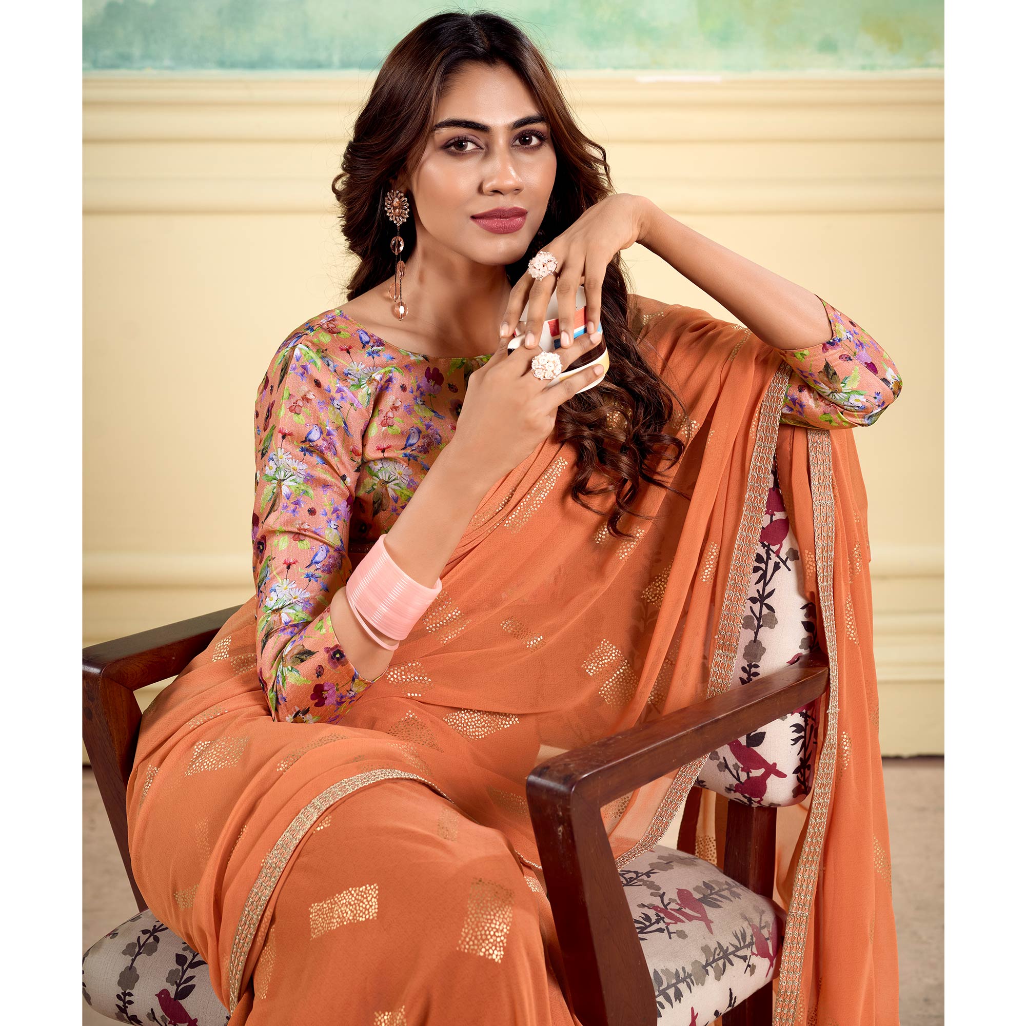 Peach Foil Printed With Sequin Georgette Saree