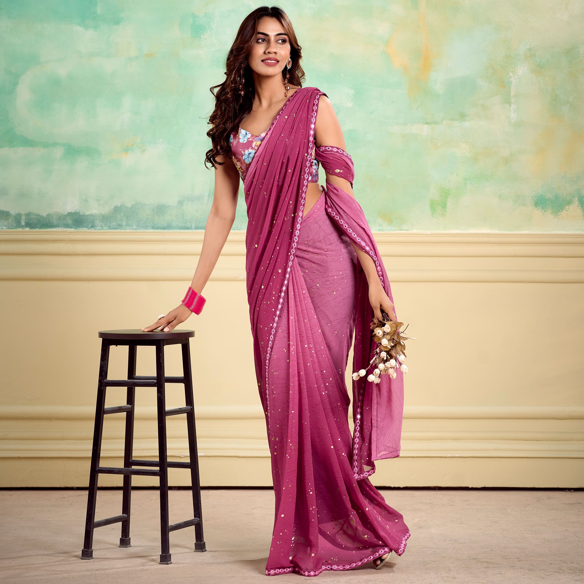 Pink Foil Printed Georgette Saree