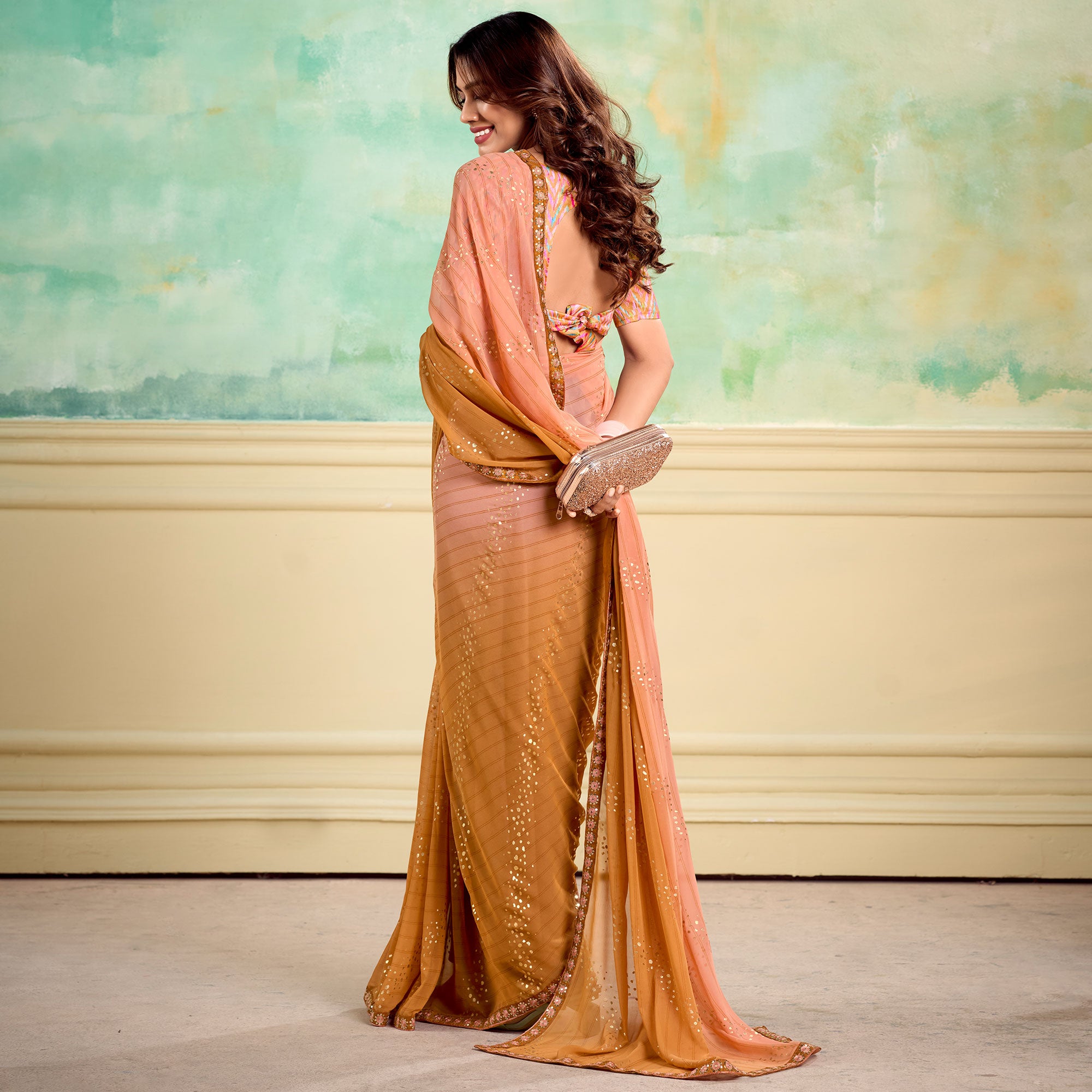 Peach & Brown Foil Printed With Sequins Georgette Saree