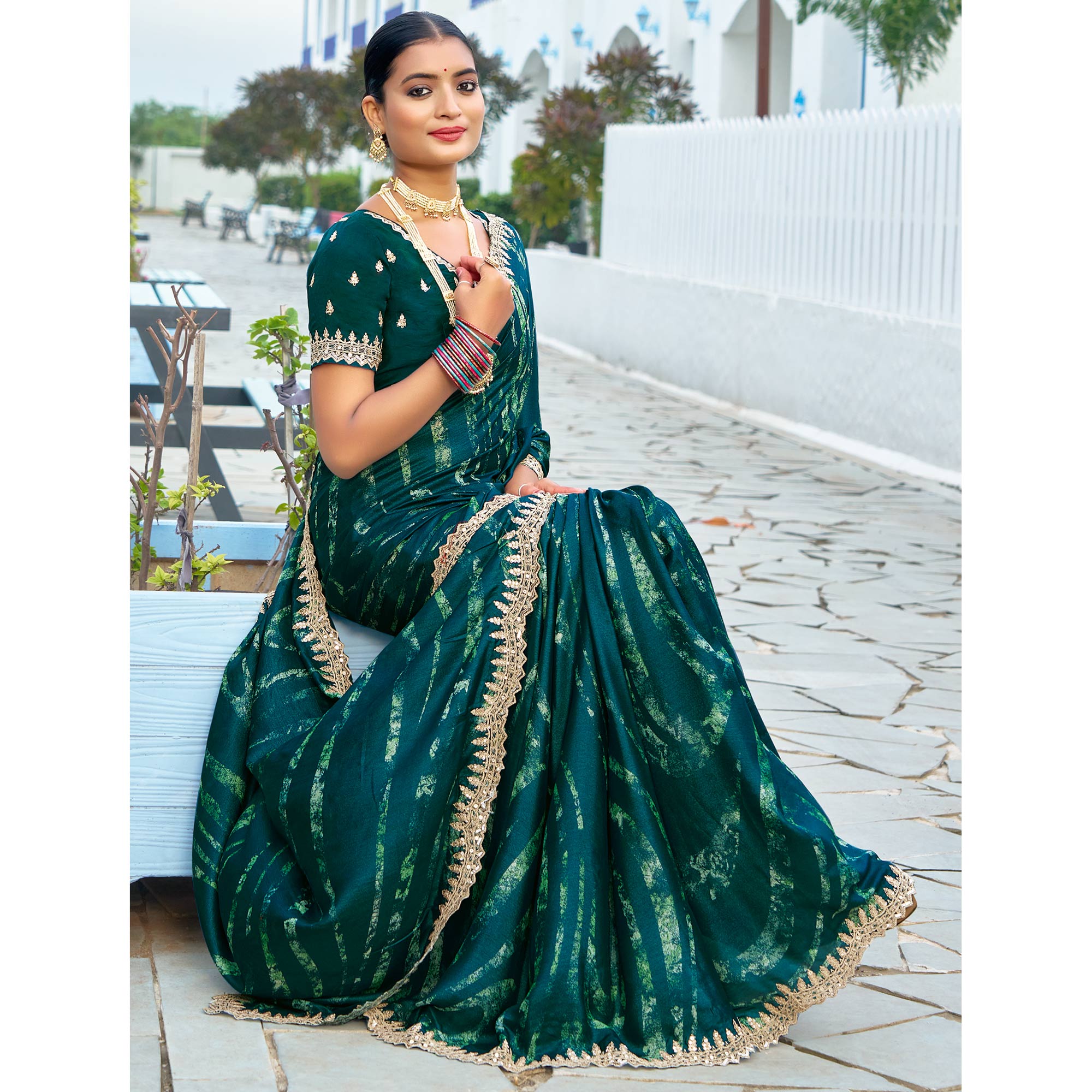 Morpich Green Printed Chiffon Saree With Sequins Border