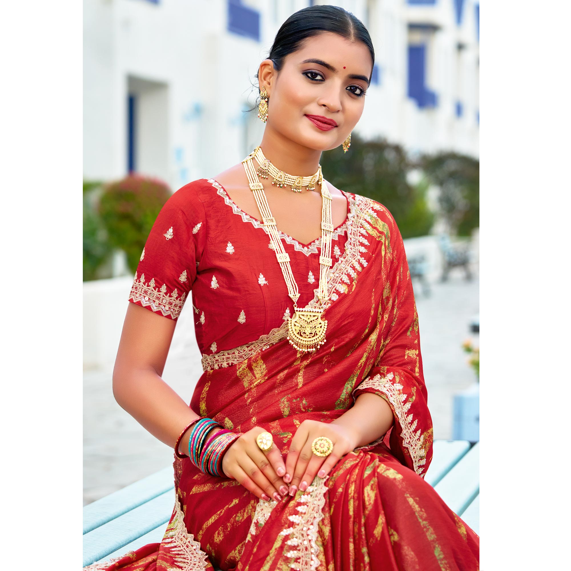 Red Printed Chiffon Saree With Sequins Border