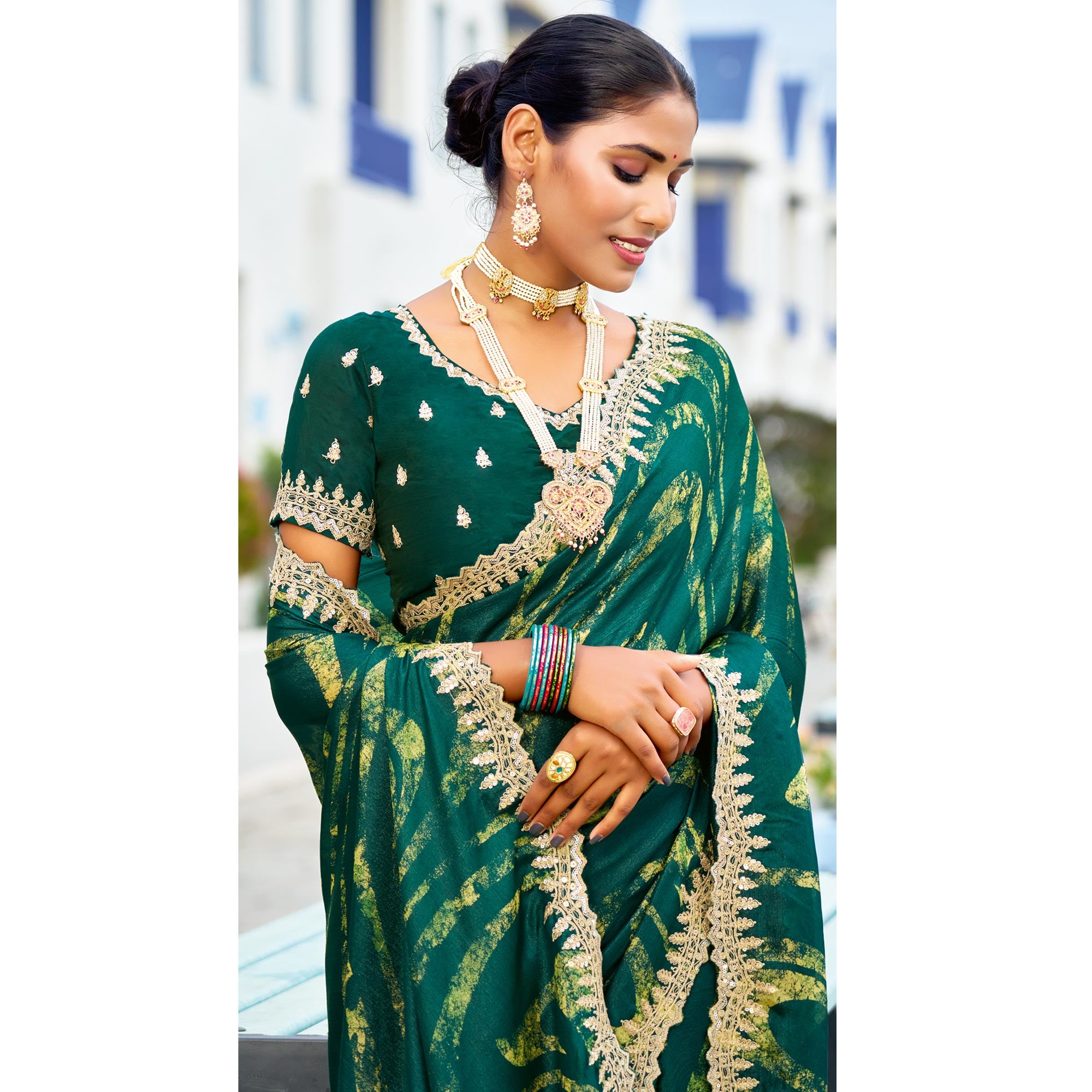 Green Printed Chiffon Saree With Sequins Border