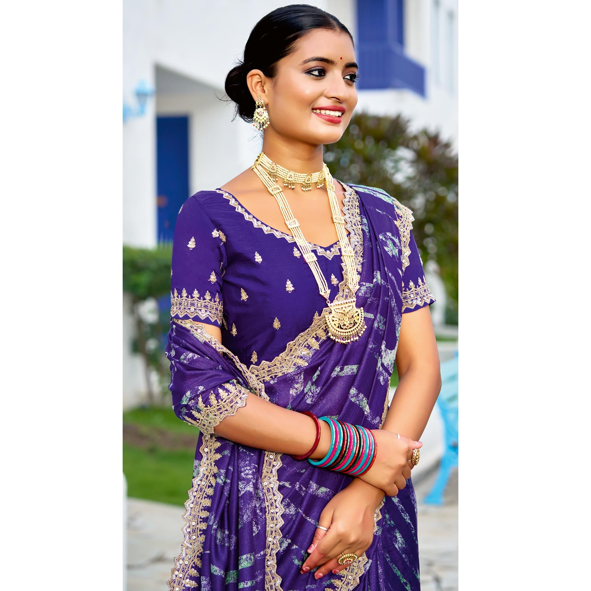 Violet Printed Chiffon Saree With Sequins Border