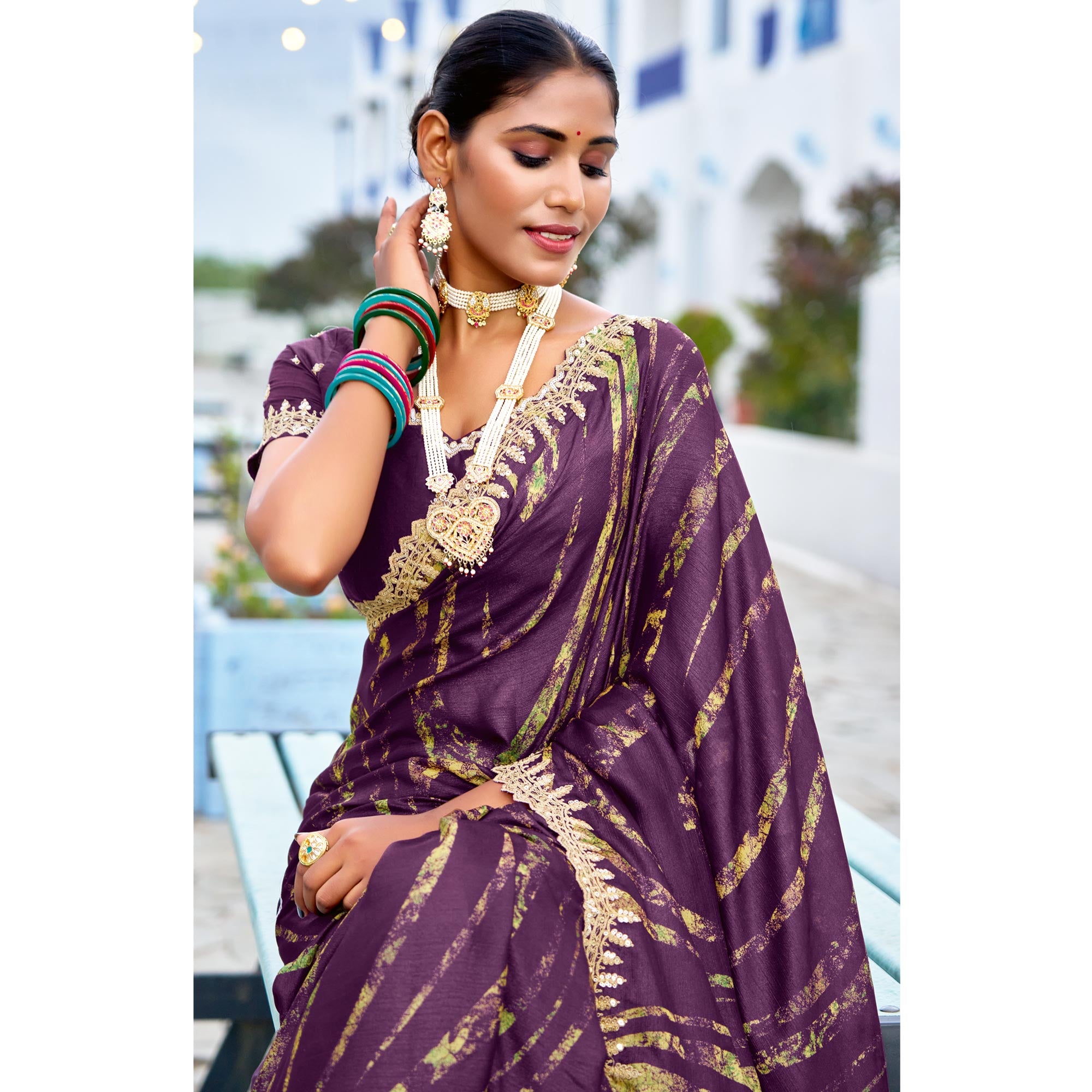 Light Wine Printed Chiffon Saree With Sequins Border