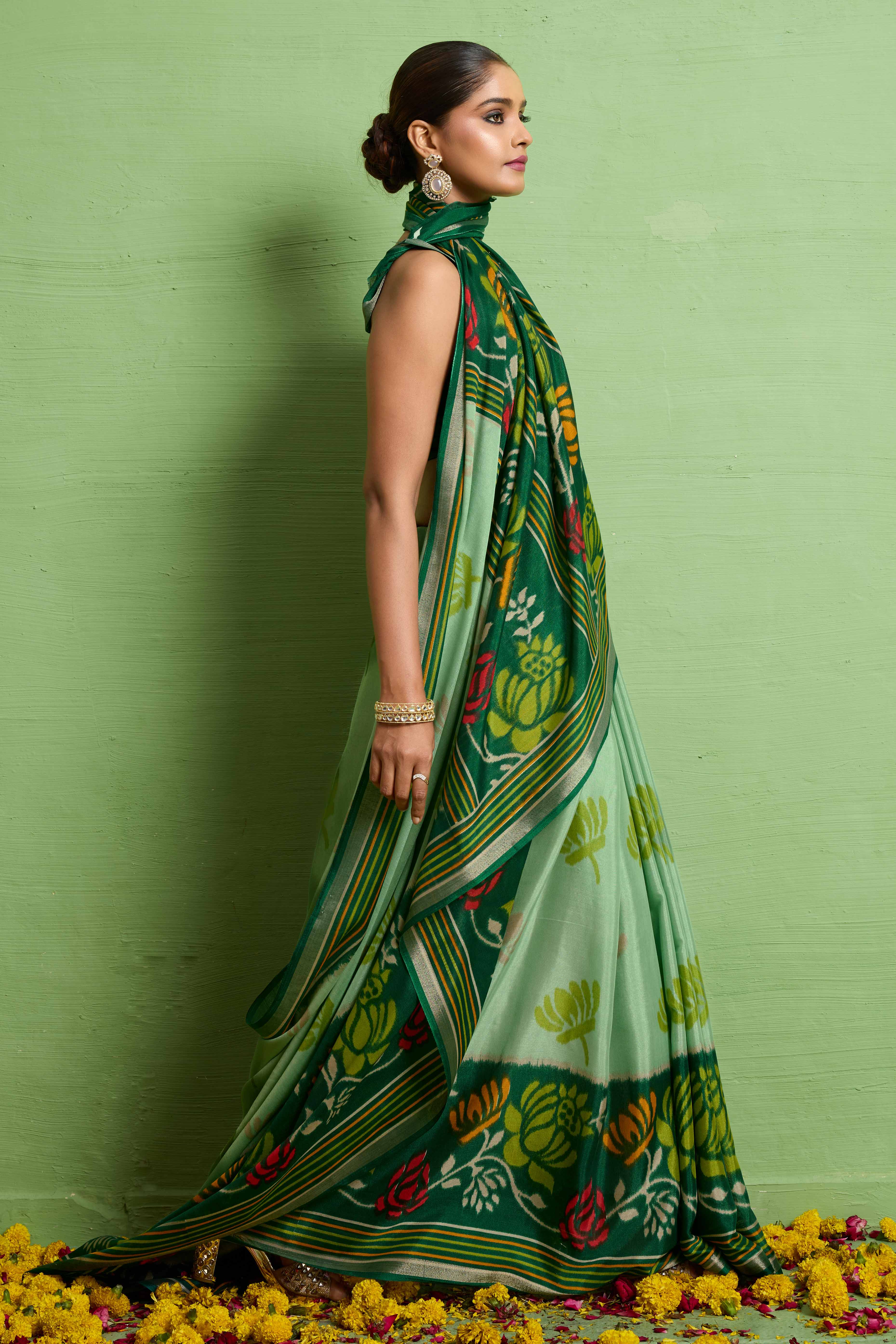 Traditional Aqua Green Silk Blend Saree with Ikkat Print & Zari Edging