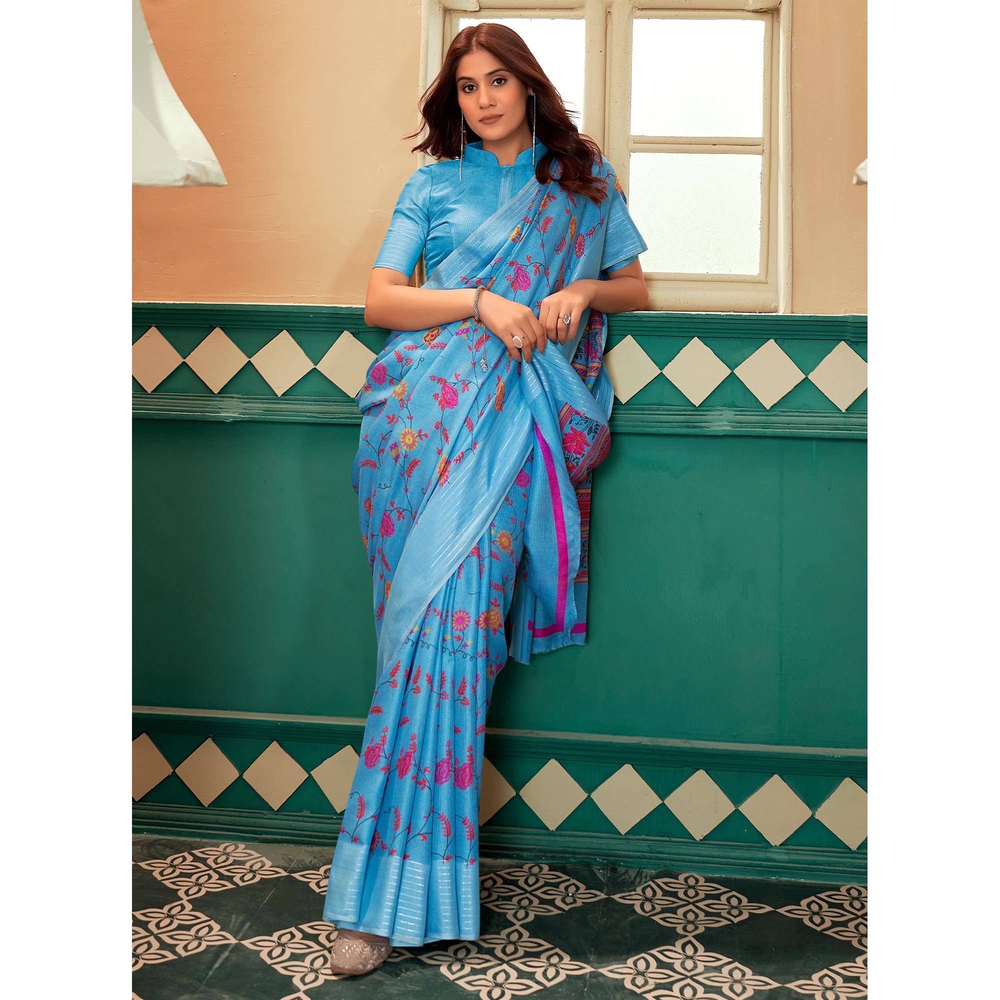 Blue Floral Printed Linen Saree