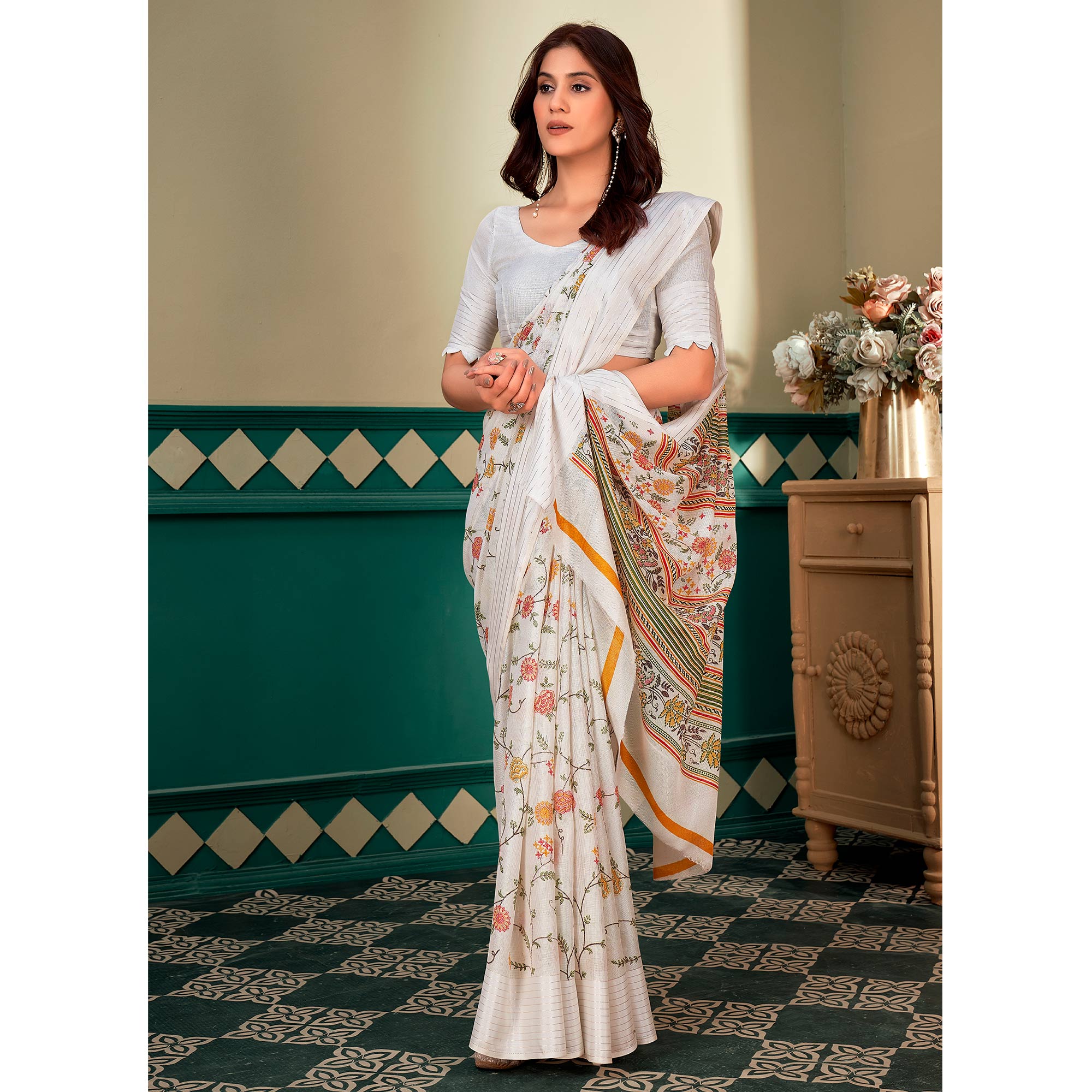 White Floral Printed Linen Saree