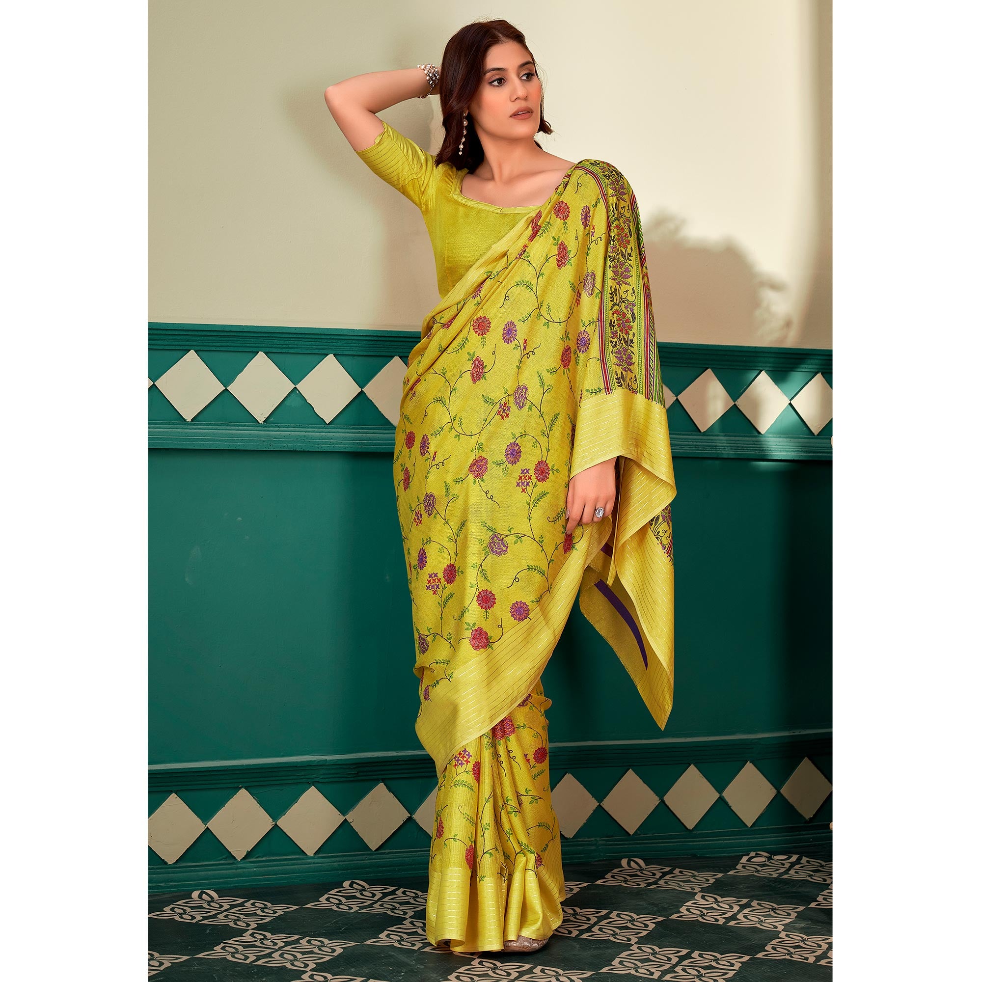 Yellow Floral Printed Linen Saree