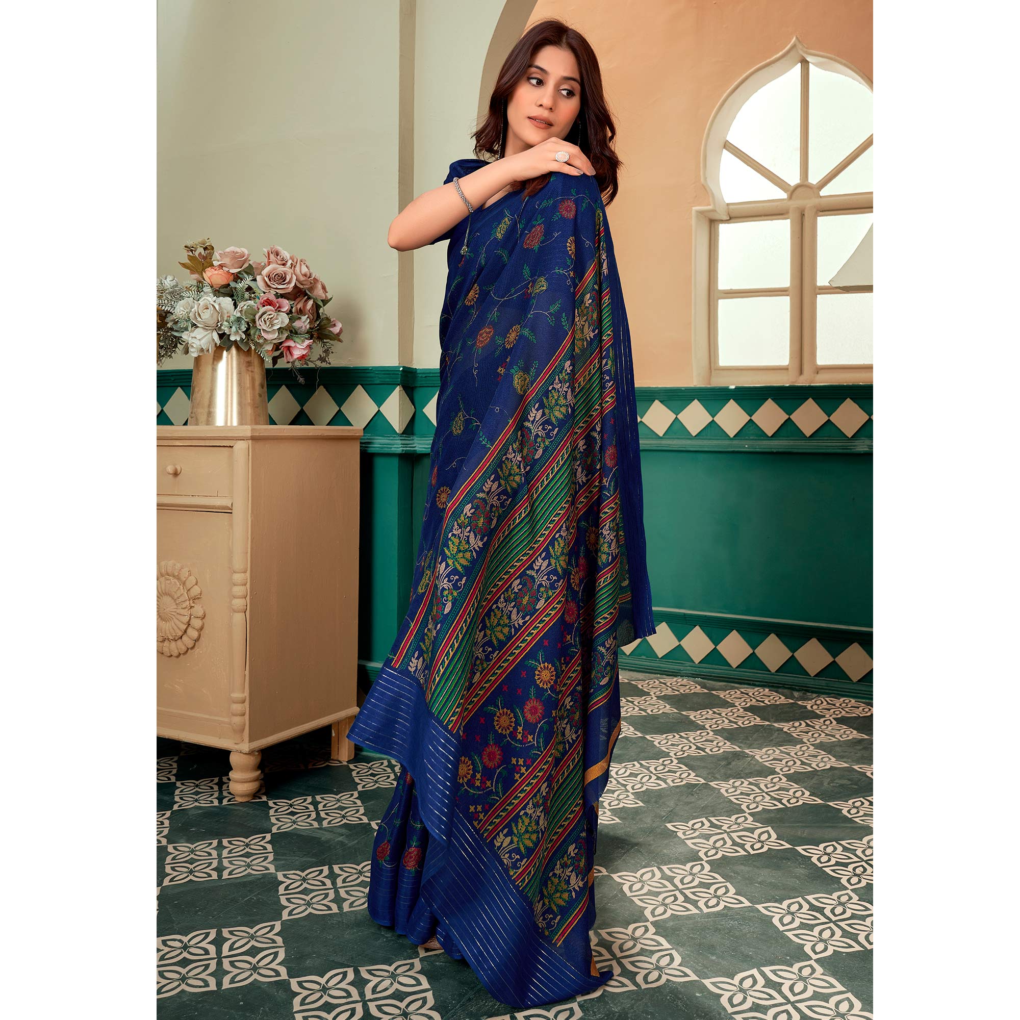 Navy Blue Floral Printed Linen Saree
