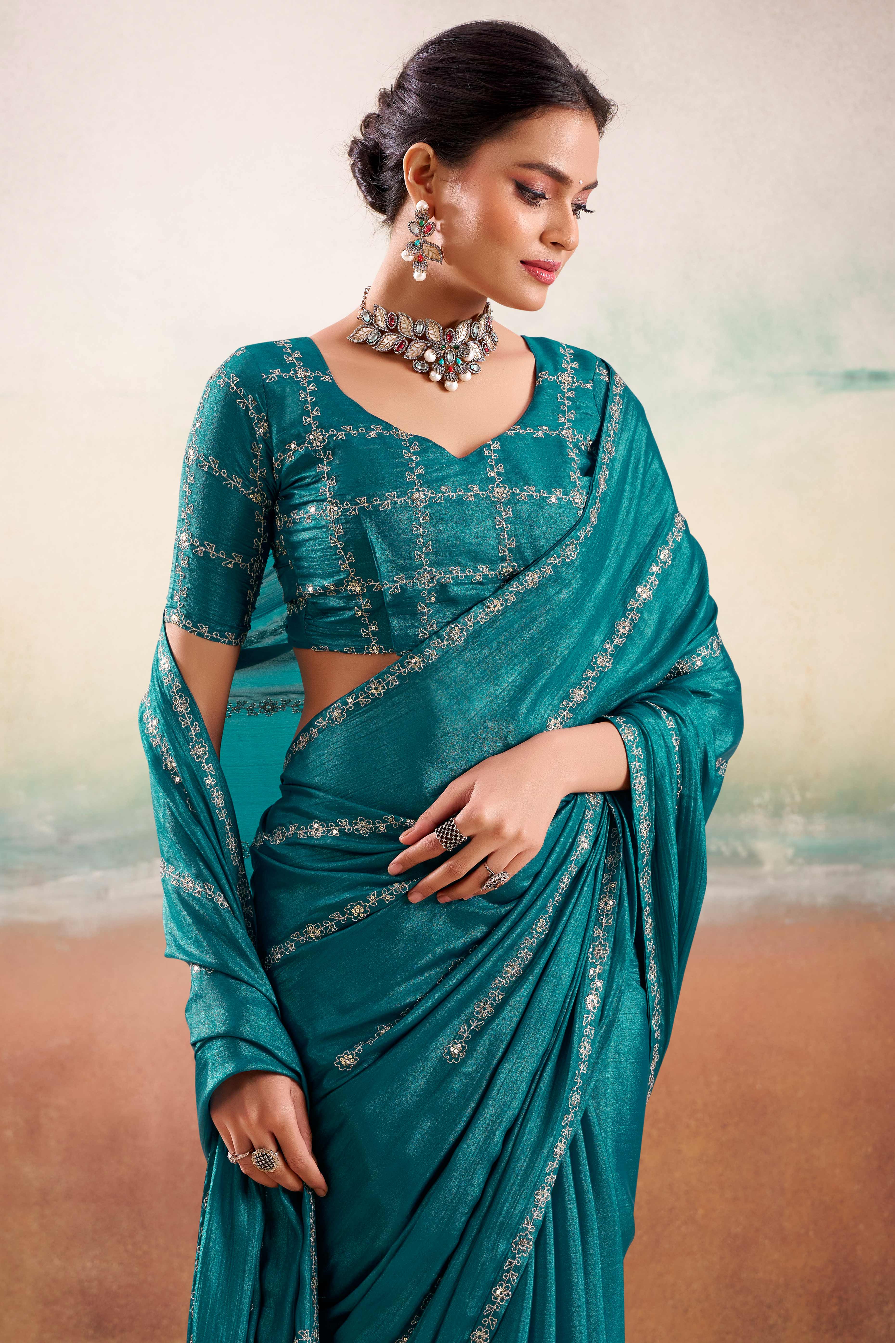 Teal Two Tone Chiffon Saree Adorned With Floral Cording Embroidery & Sequins Work