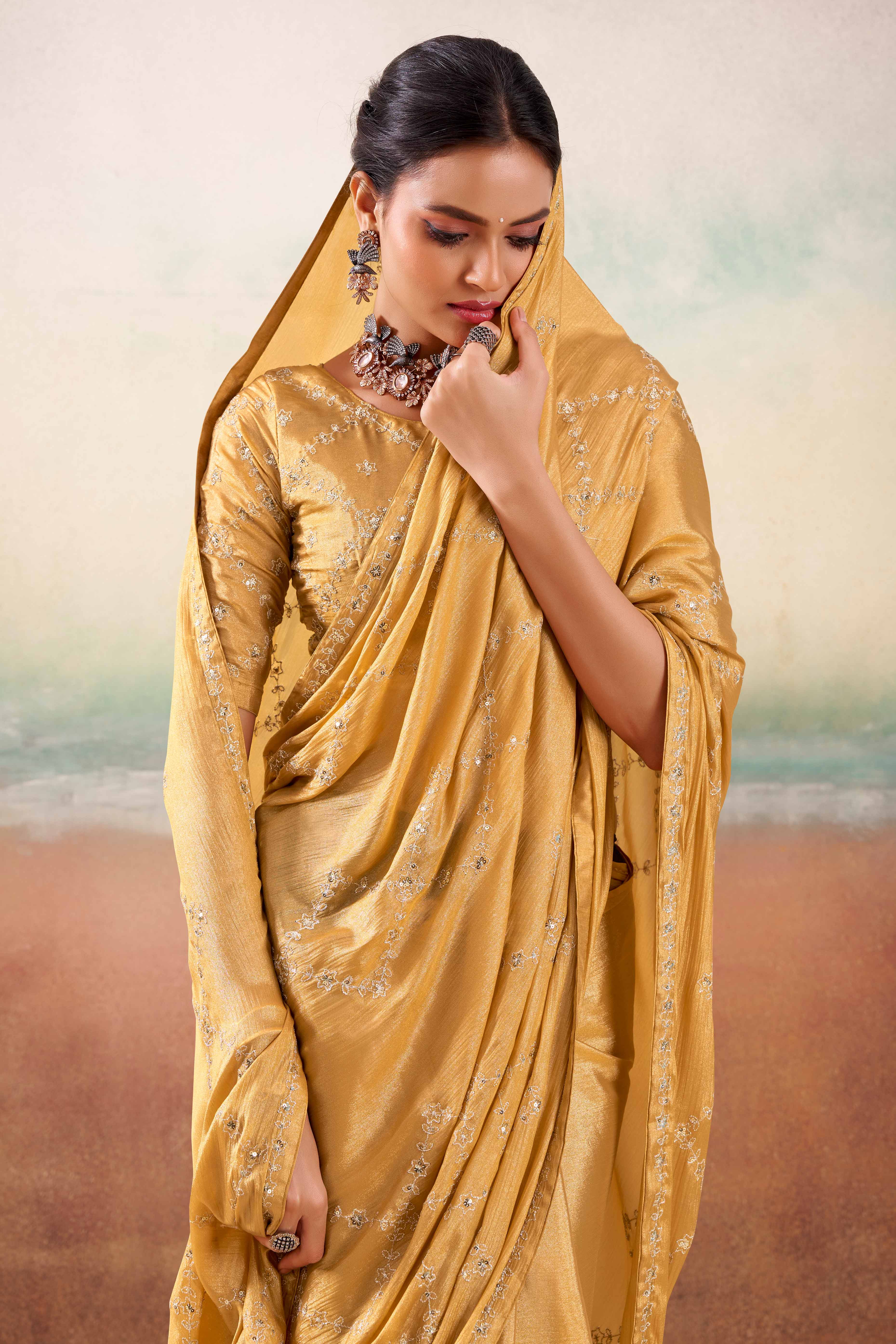 Chikoo Two Tone Chiffon Saree Adorned With Floral Cording Embroidery & Sequins Work