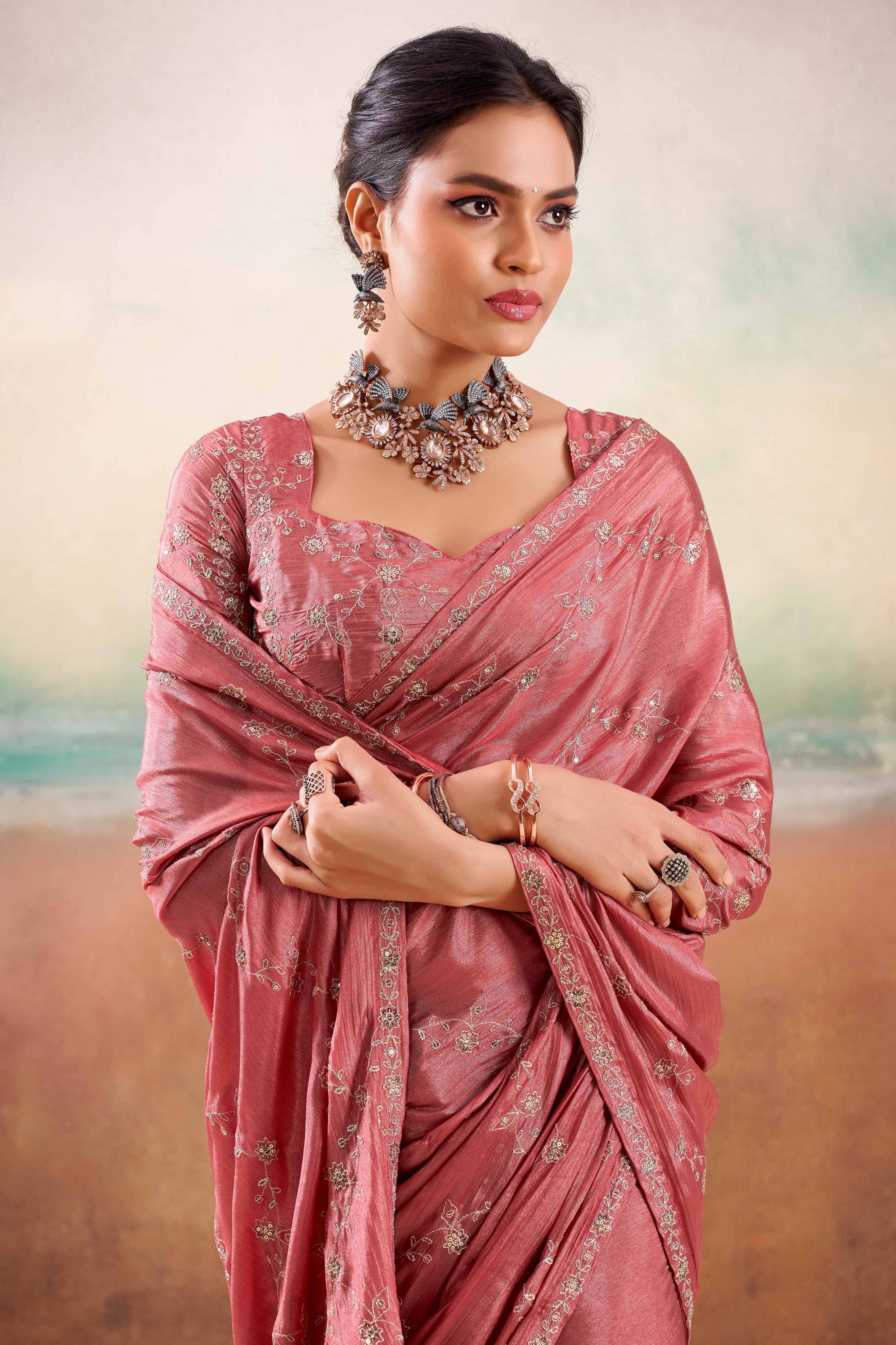 Dusty Pink Two Tone Chiffon Saree Adorned With Floral Cording Embroidery & Sequins Work