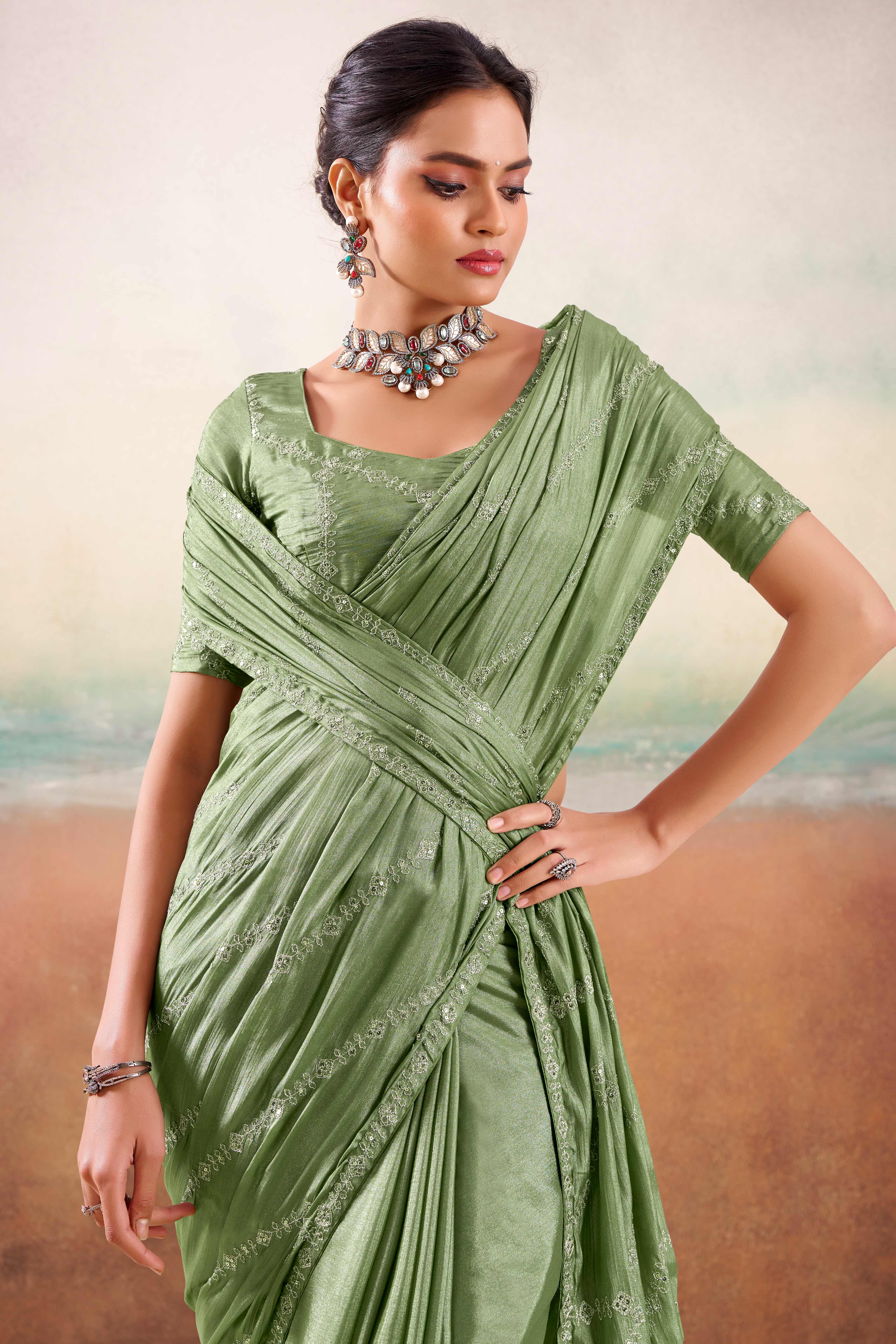 Green Two Tone Chiffon Saree Adorned With Floral Cording Embroidery & Sequins Work
