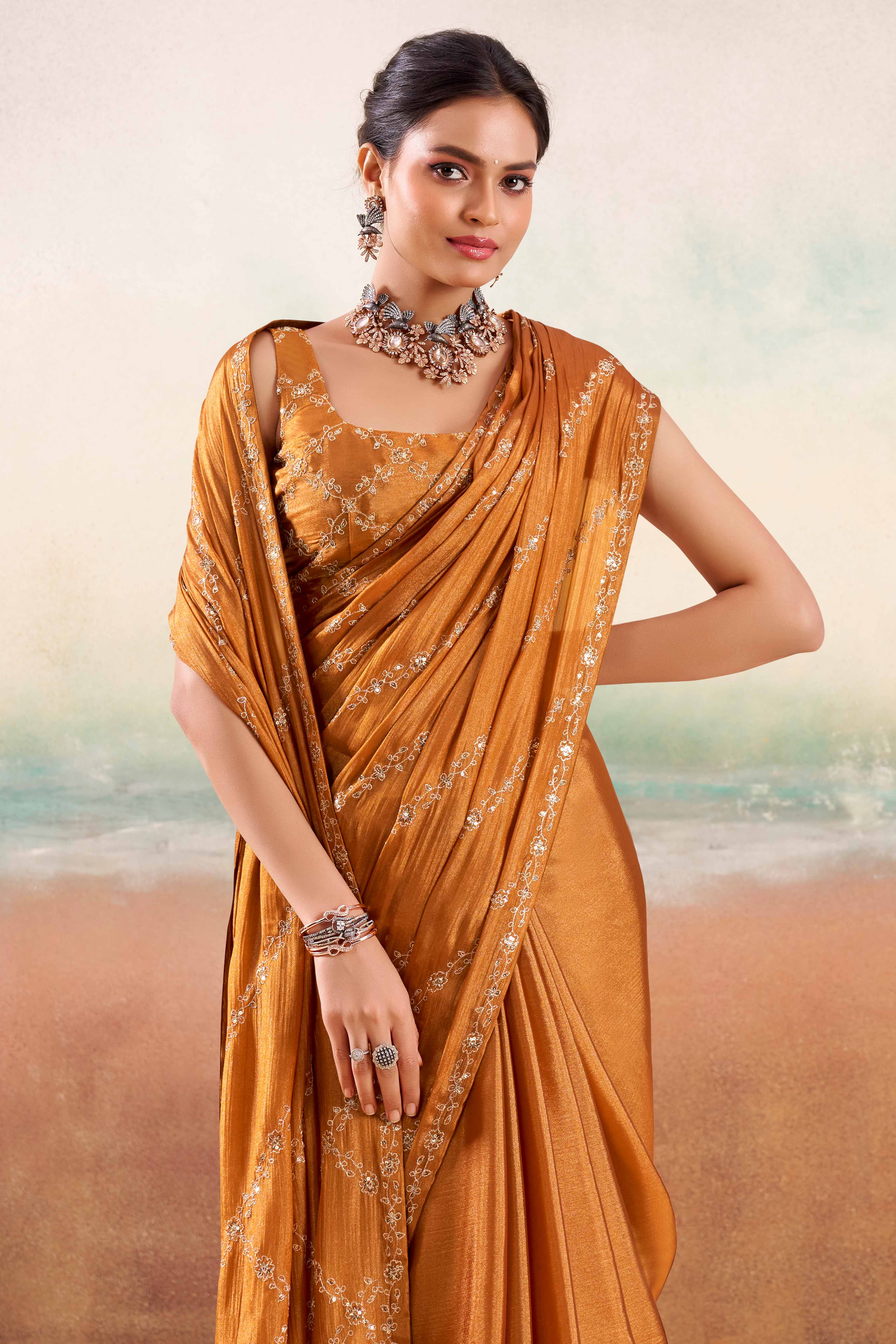 Burnt Orange Two Tone Chiffon Saree Adorned With Floral Cording Embroidery & Sequins Work